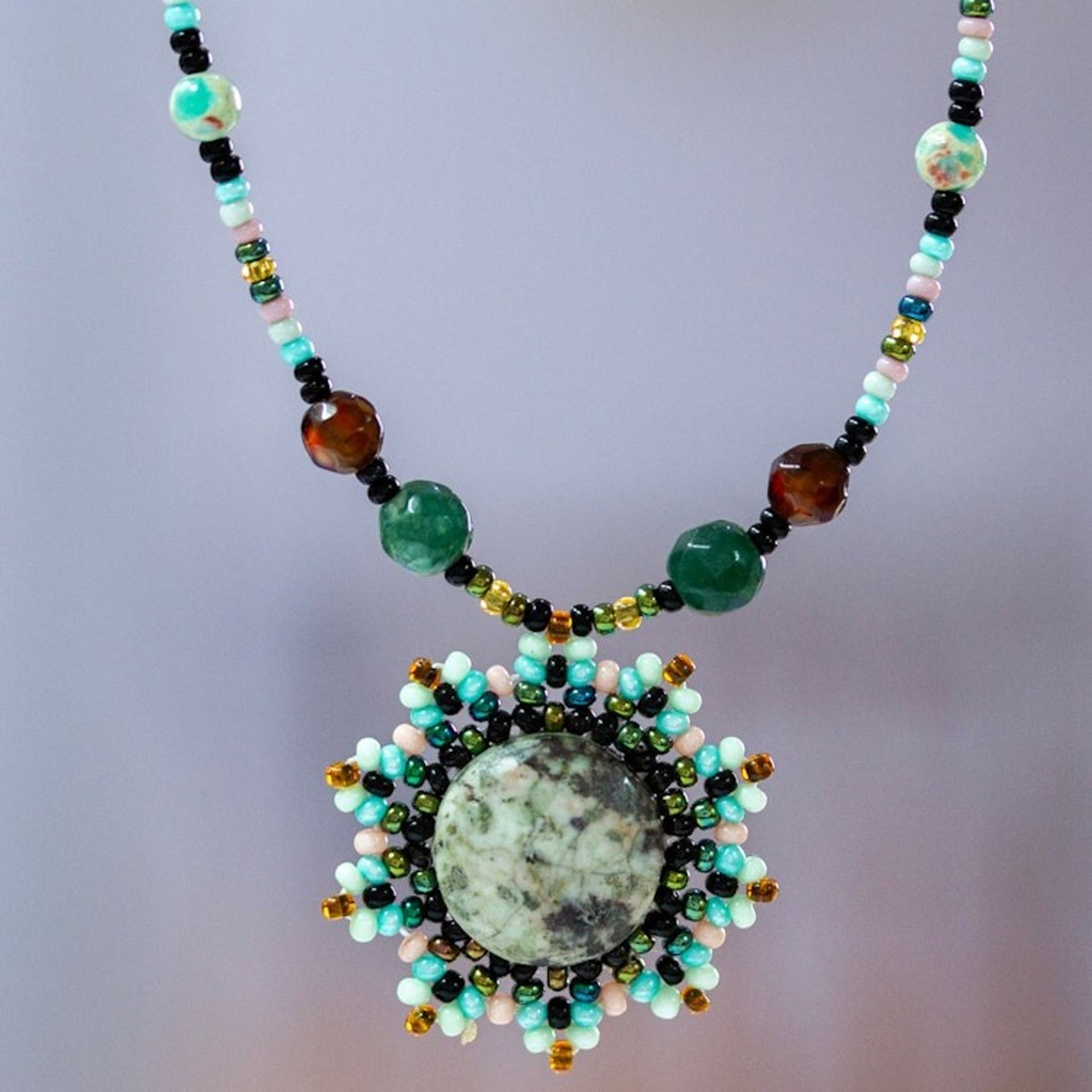 Agate Chrysocolla and Glass Beaded Necklace from Mexico 'Night Sun'