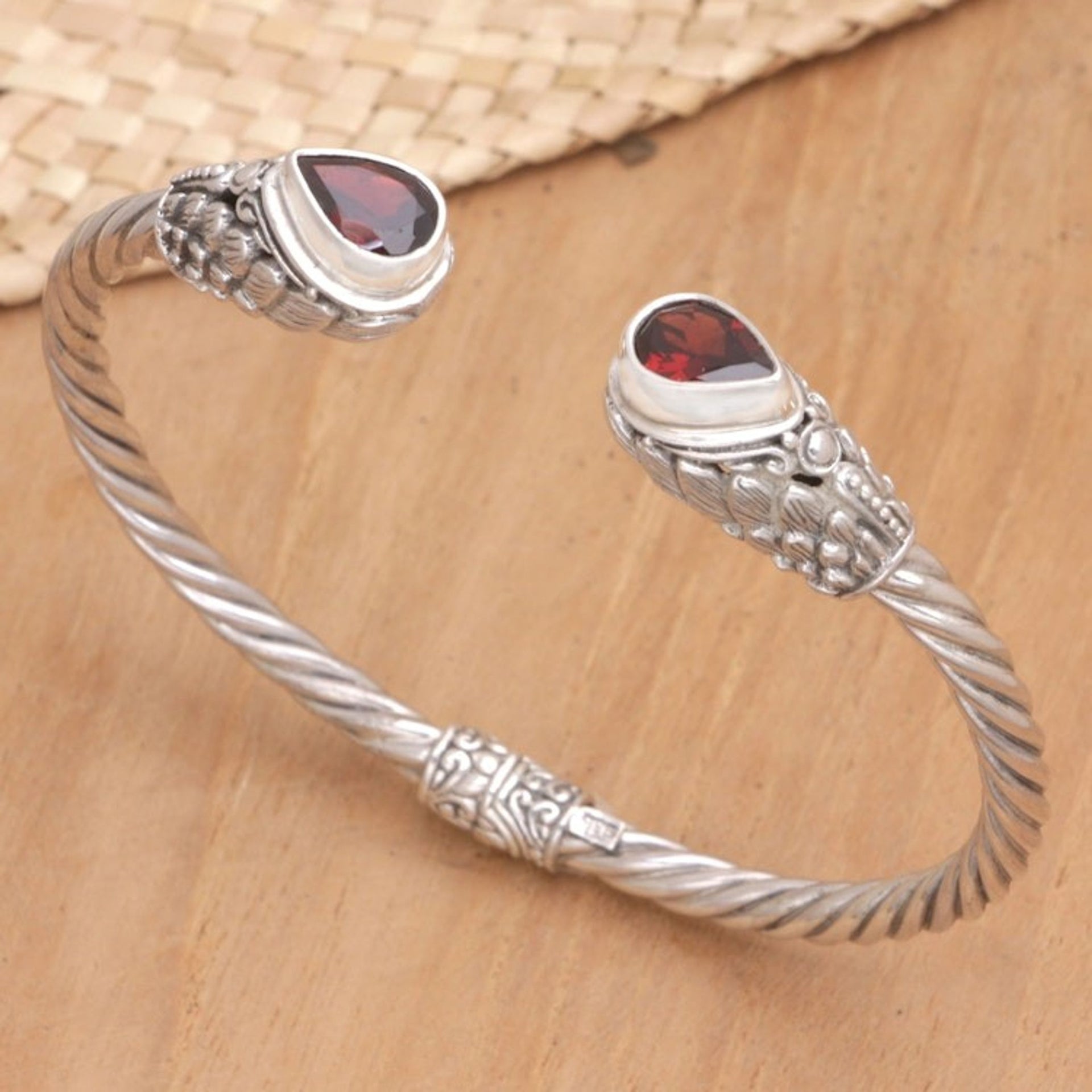 Sterling Silver Cuff Bracelet with Natural Garnet Stones 'Stylish Garnet Feathers'