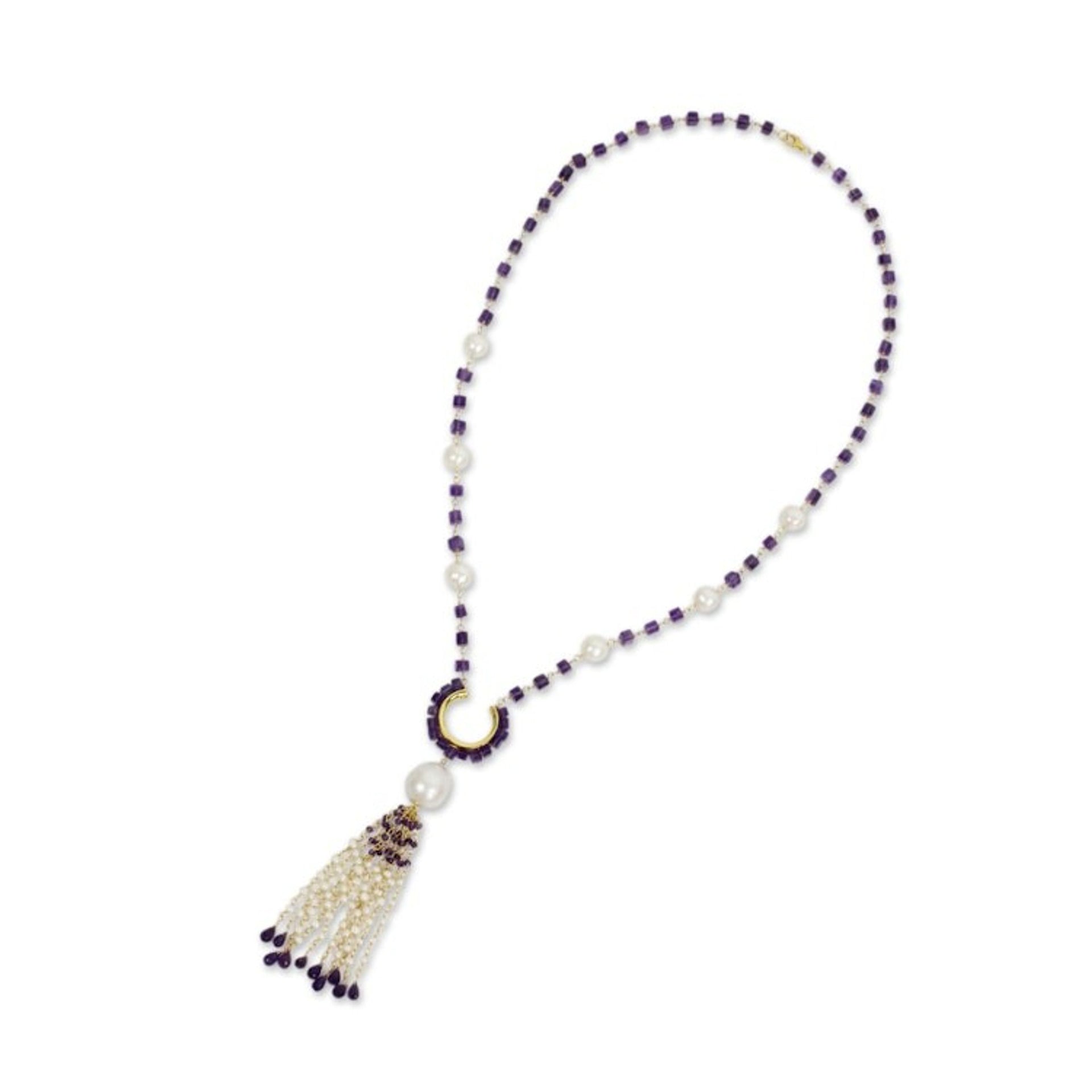 Pearl and Amethyst on 24k Gold Plated Silver Long Necklace 'Romantic Orchid'
