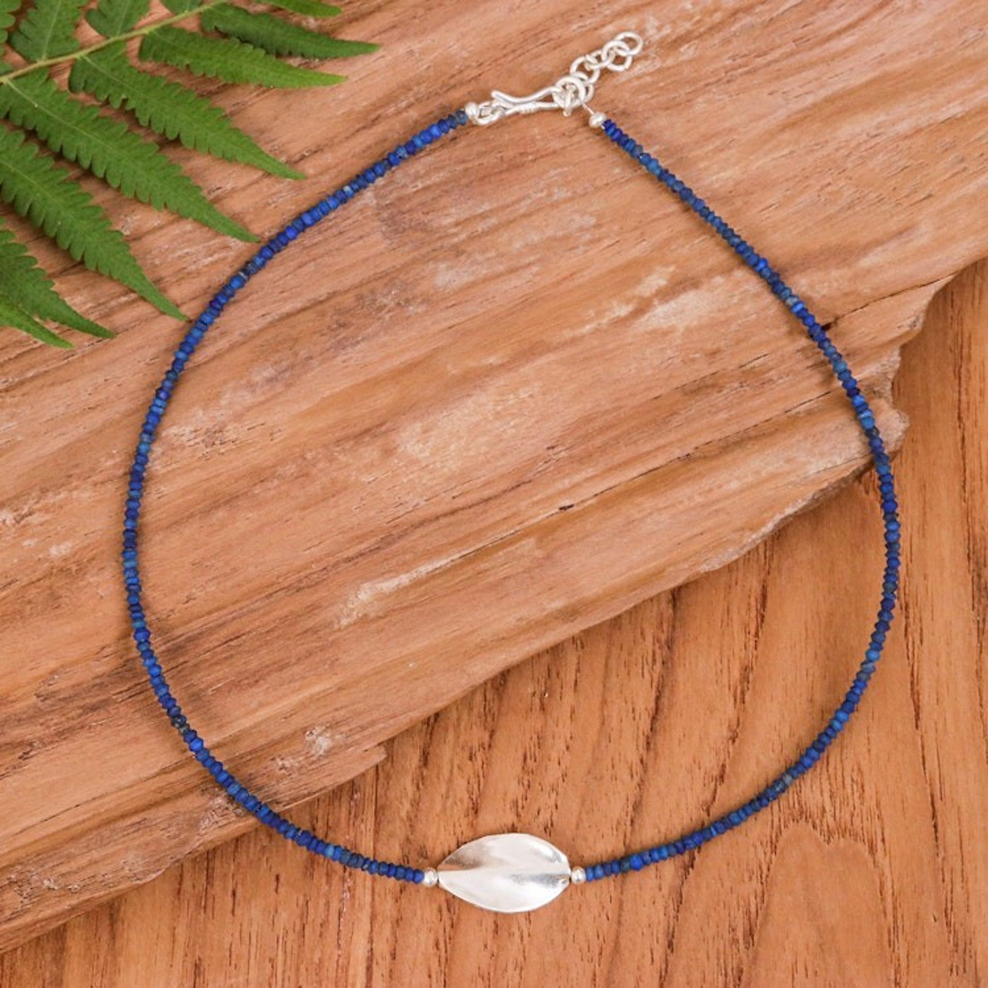 Lapis Lazuli Silver Beaded Pendant Necklace with Leaf Motif 'Leafy Dream'