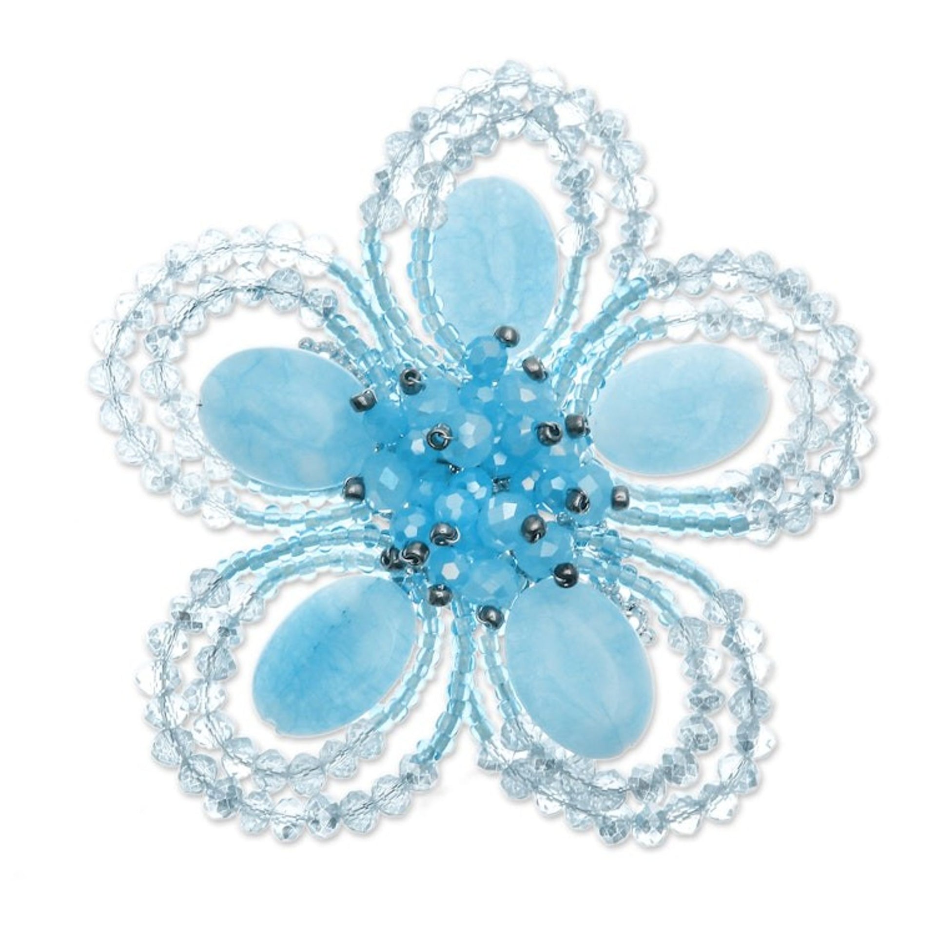 Handcrafted Floral Blue Quartz and Glass Beaded Brooch Pin 'Spring in Serenity'