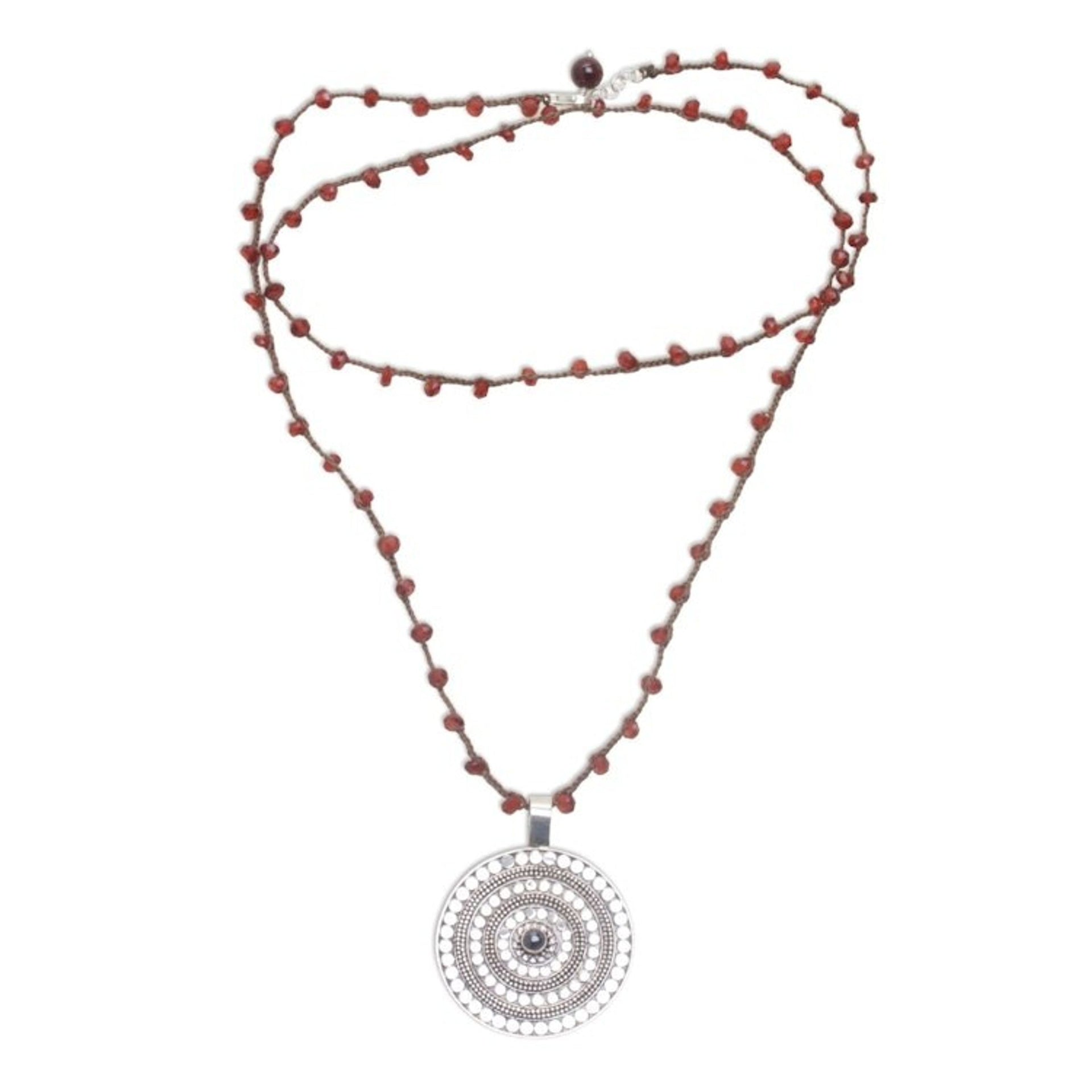 Handmade 925 Sterling Silver Garnet Cord Pendant Necklace 'Shining Shield in Red'