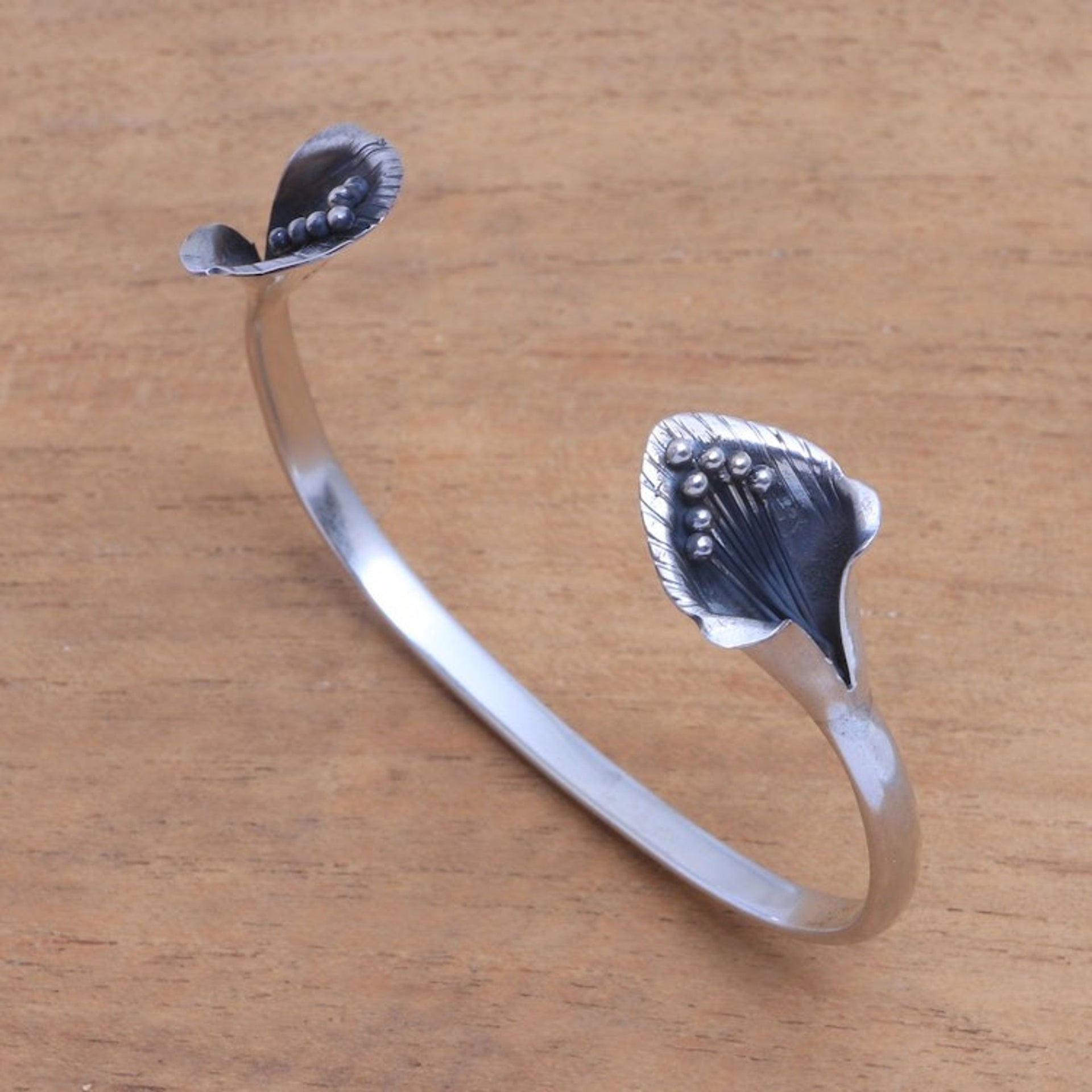 Sterling Silver Cuff Bracelet with Floral Ends from Bali 'Floral Twins'