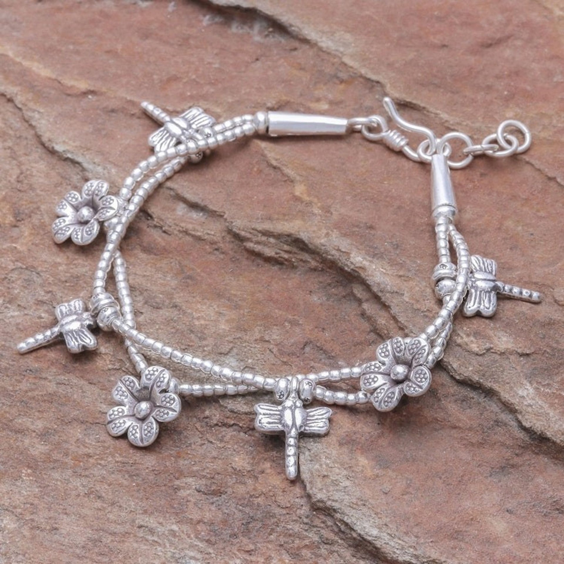 Karen Silver Double Strand Beaded Dragonfly Charm Bracelet 'Dragonfly Meadow'