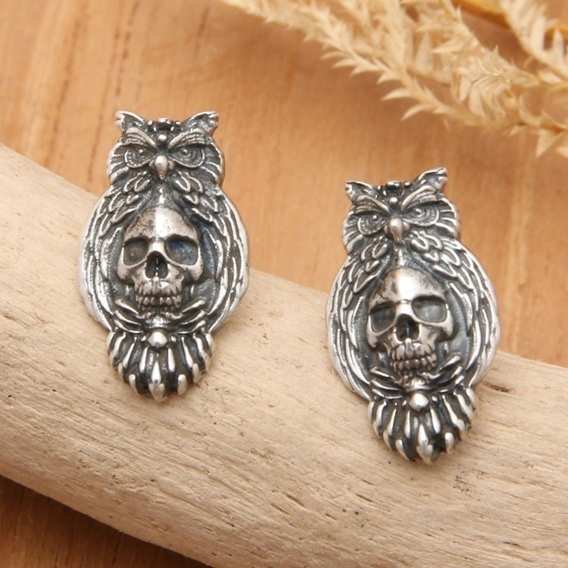 Owl and Skull-Themed Sterling Silver Button Earrings 'Eternal Owl'