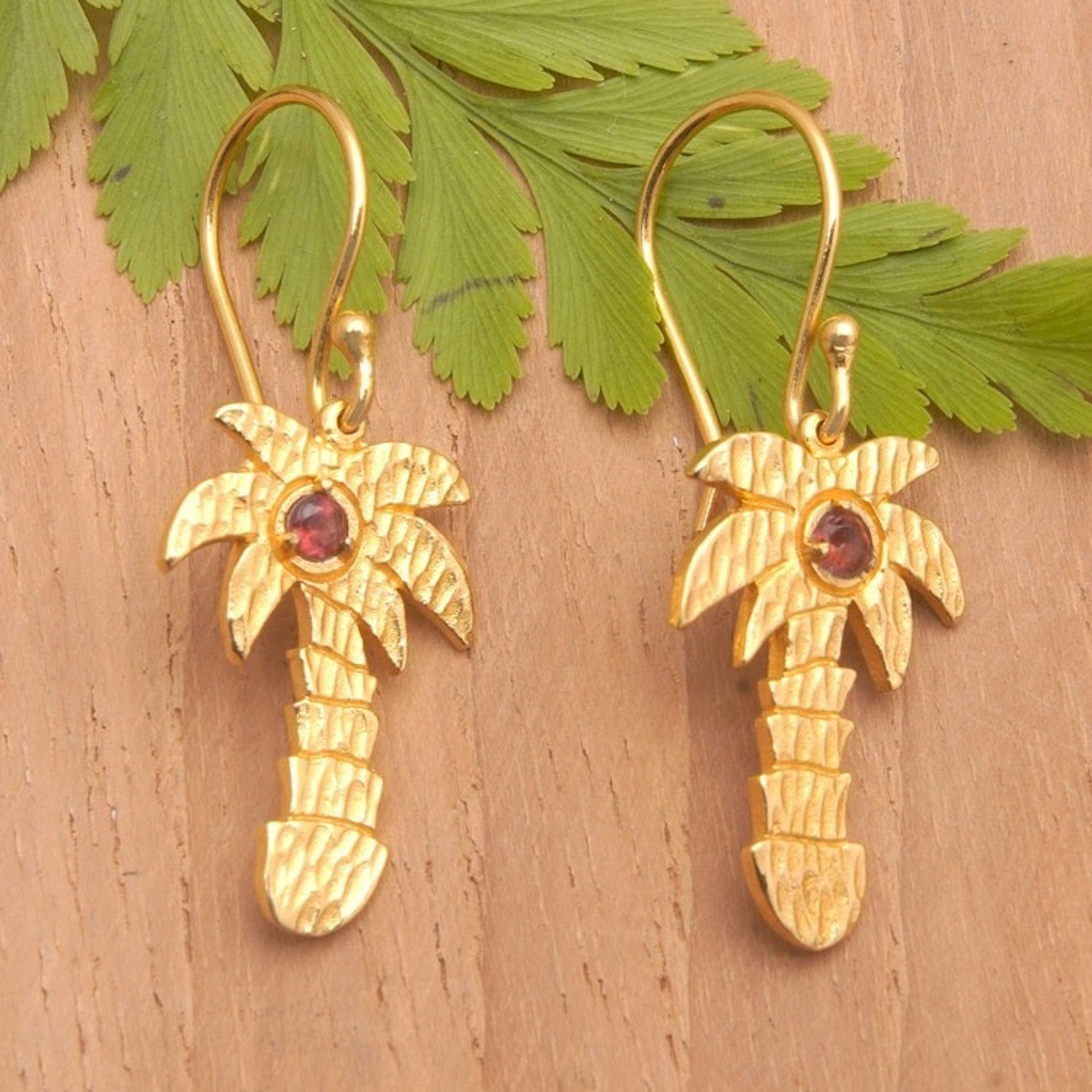 18k Gold-Plated Tropical Dangle Earrings with Garnet Stones 'Tropical Crimson'
