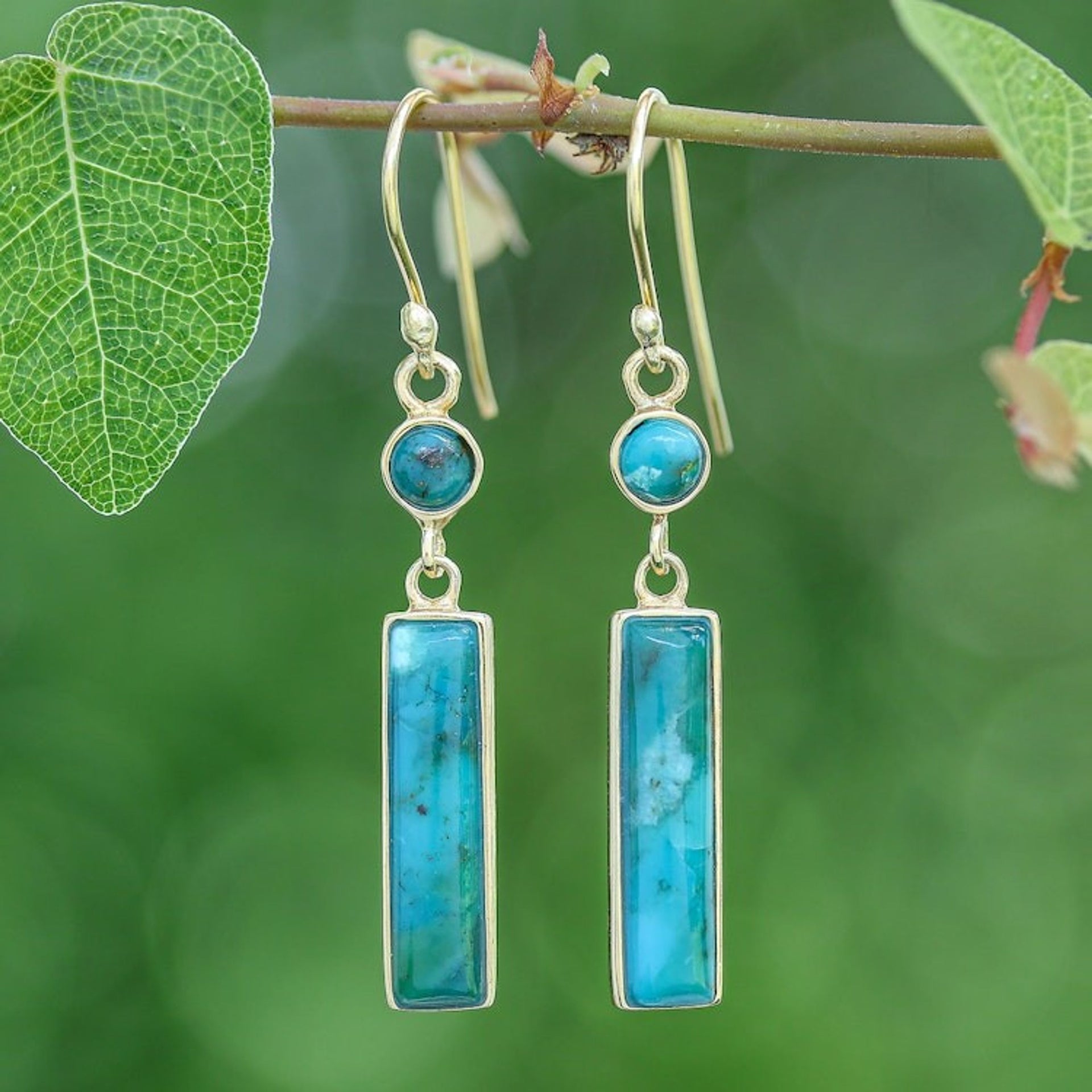 Gold-Plated Reconstituted Turquoise Bar Dangle Earrings 'Glam Magic'
