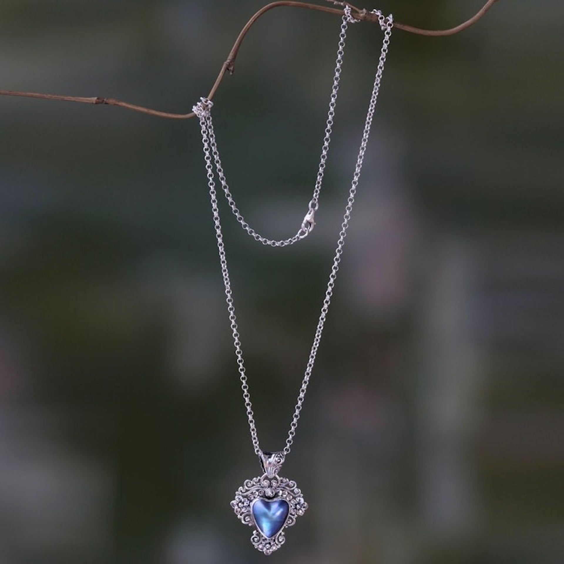 Heart Shaped Blue Cultured Mabe Pearl Pendant Necklace 'Blue Heart in Bloom'