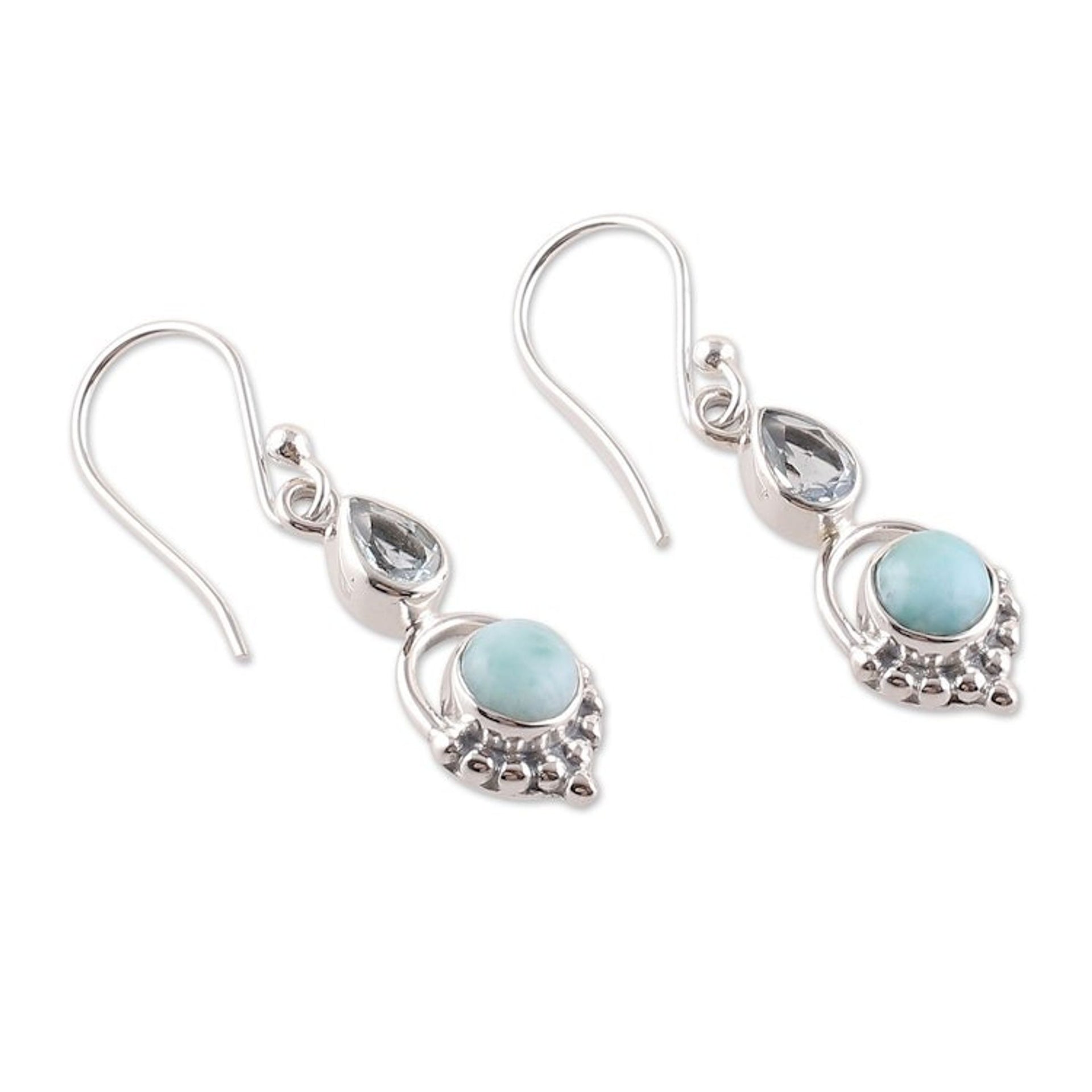 One-Carat Natural Larimar and Blue Topaz Dangle Earrings 'Calming Blue'