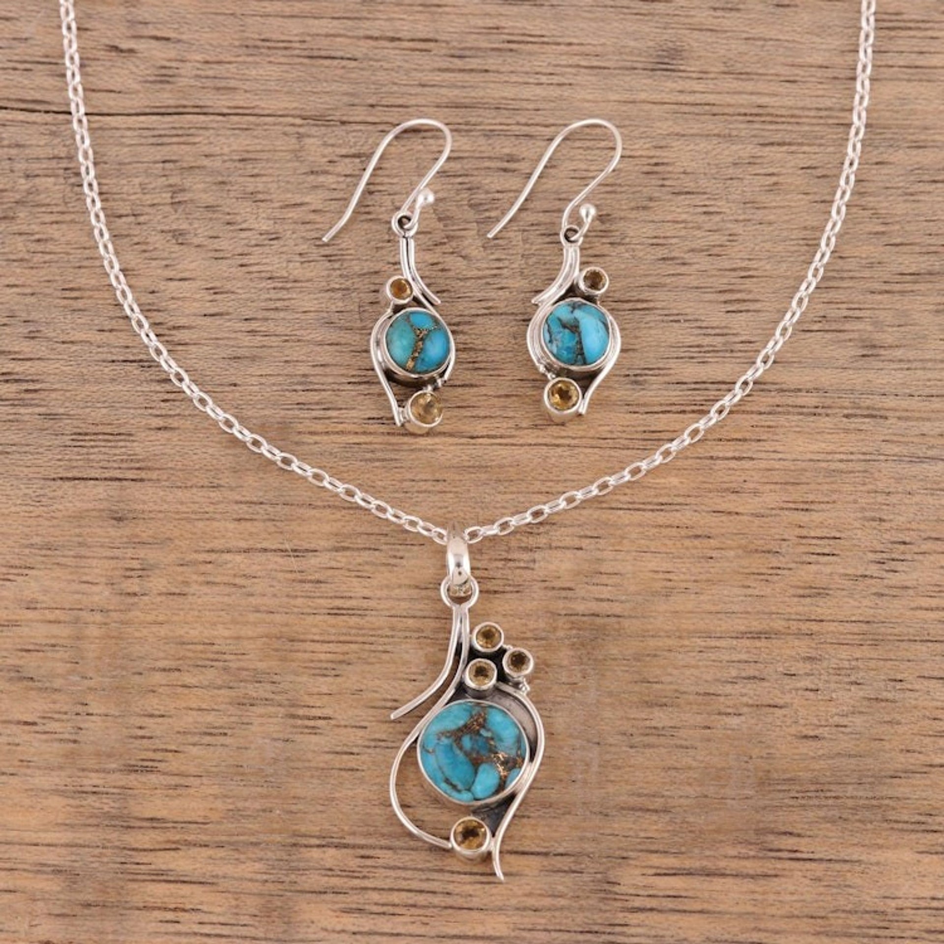 .925 Silver Necklace with Citrine and Composite Turquoise 'Golden Sky'