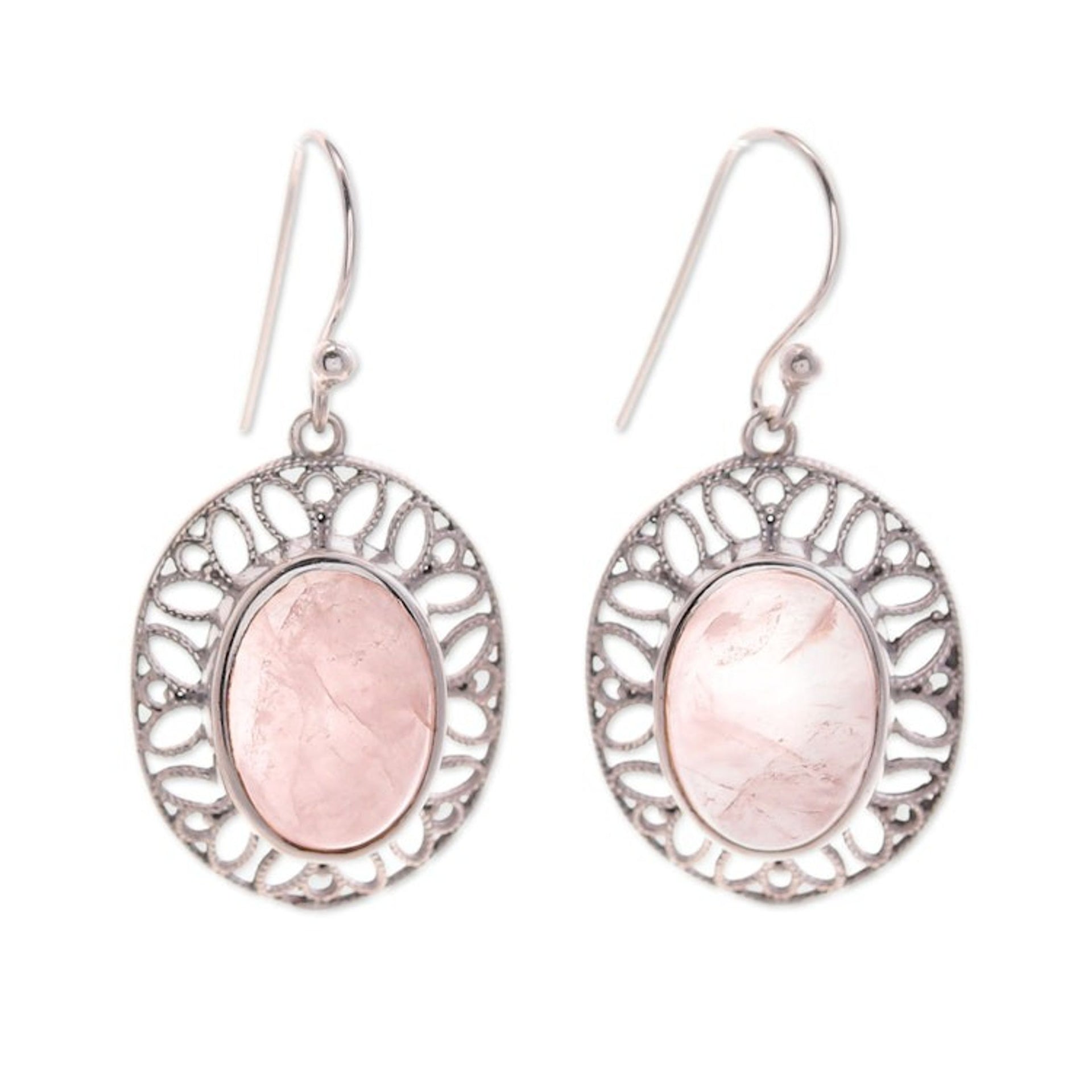High Polished Floral Natural Rose Quartz Dangle Earrings 'Unconditional Lotus'