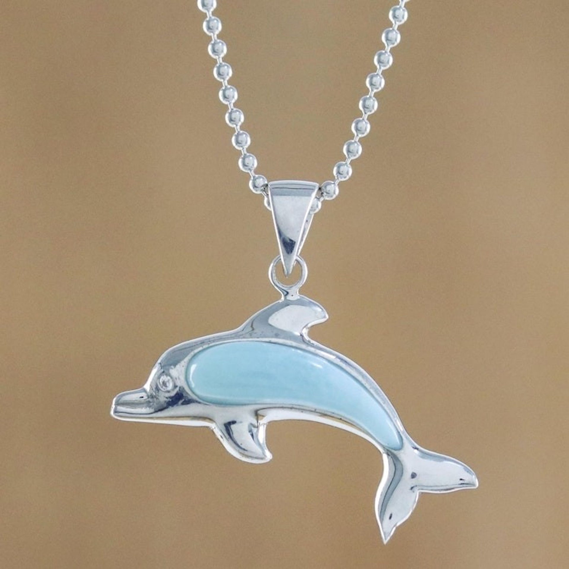 Larimar Sterling Silver Swimming Dolphin Pendant Necklace 'Sleek Swimmer'