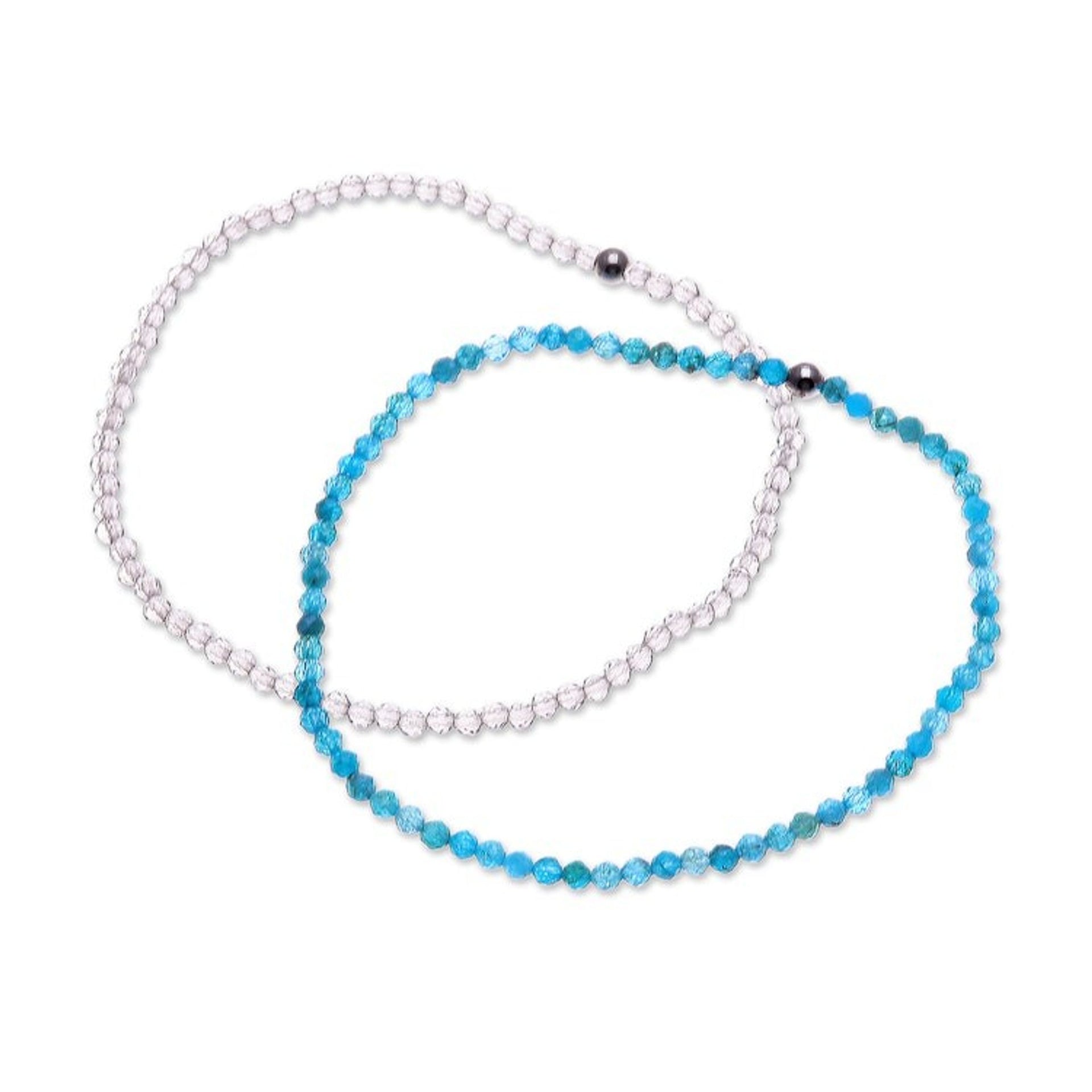 2 Handmade Apatite and Smoky Quartz Beaded Stretch Bracelets 'Double Chic'