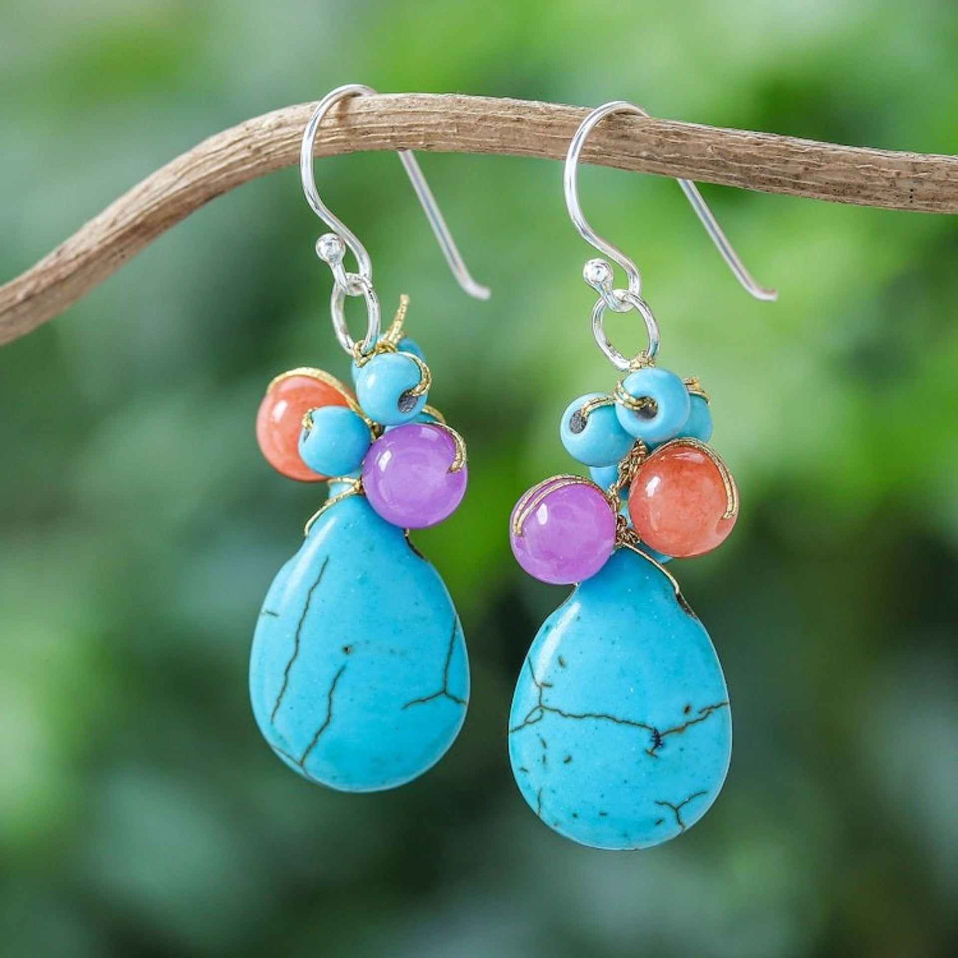 Handmade Howlite and Quartz Beaded Cluster Dangle Earrings 'Lagoon Drop'