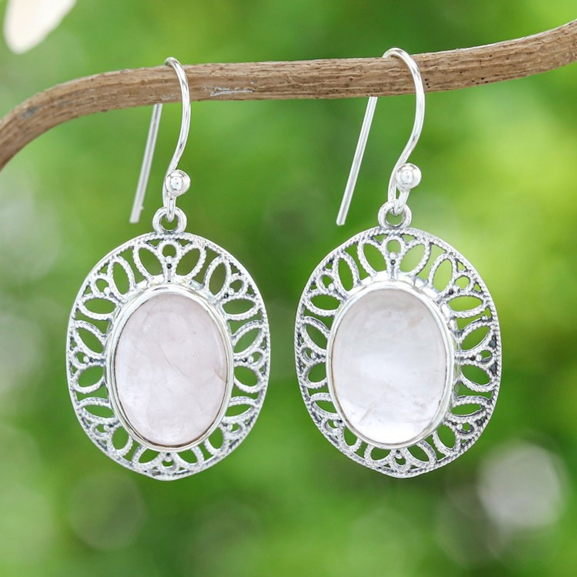 High Polished Floral Natural Rose Quartz Dangle Earrings 'Unconditional Lotus'