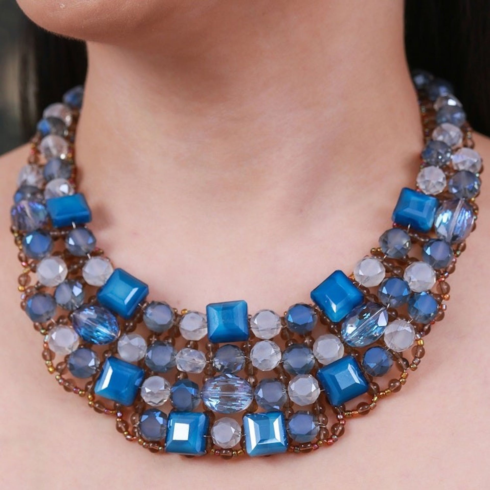 Blue Glass Beaded Choker Necklace Handmade in Thailand 'Crystallized Blue Nights'