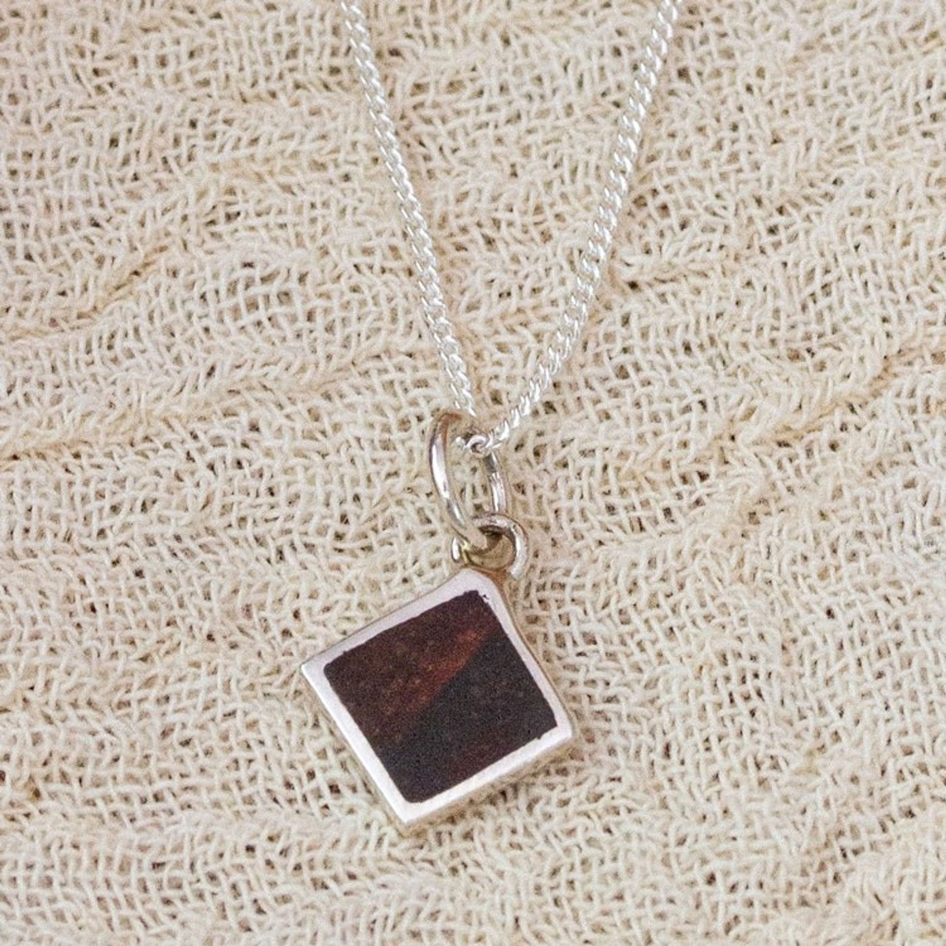 Diamond-Shaped Wood and Sterling Silver Pendant Necklace 'Authentic Forest'