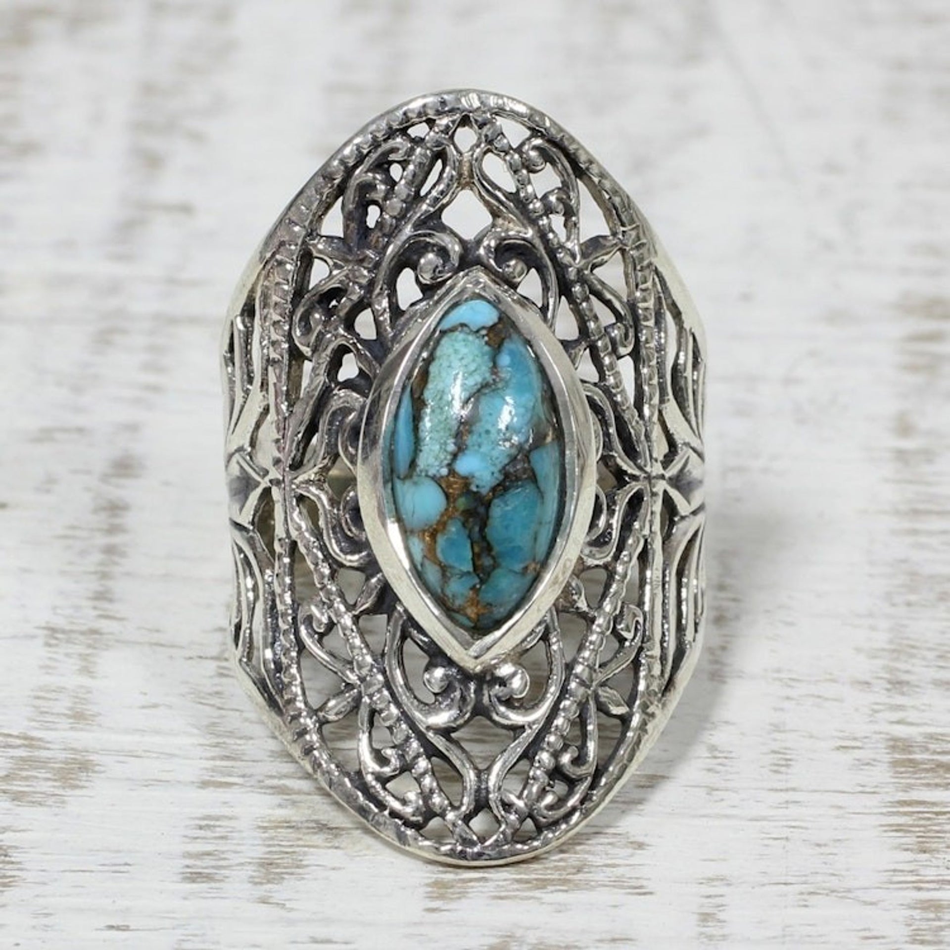 Sterling Silver and Composite Turquoise Indian Cocktail Ring 'Jali Eye'