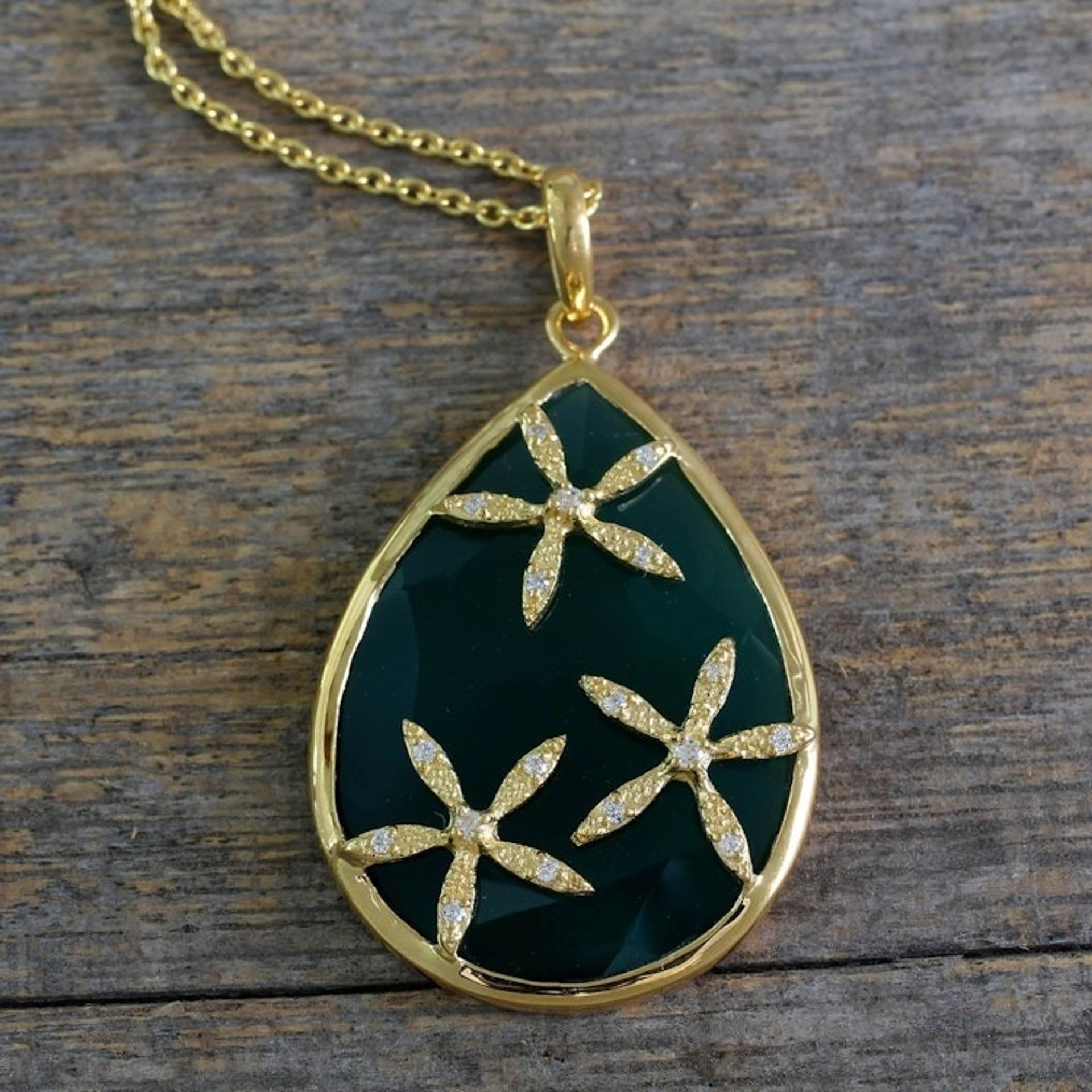 Green Onyx and Cubic Zirconia Gold Vermeil Necklace 'Green Floral Kiss'