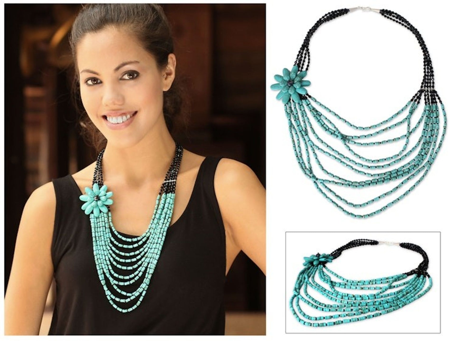 Thai Beaded Flower Necklace 'Sky Romance'