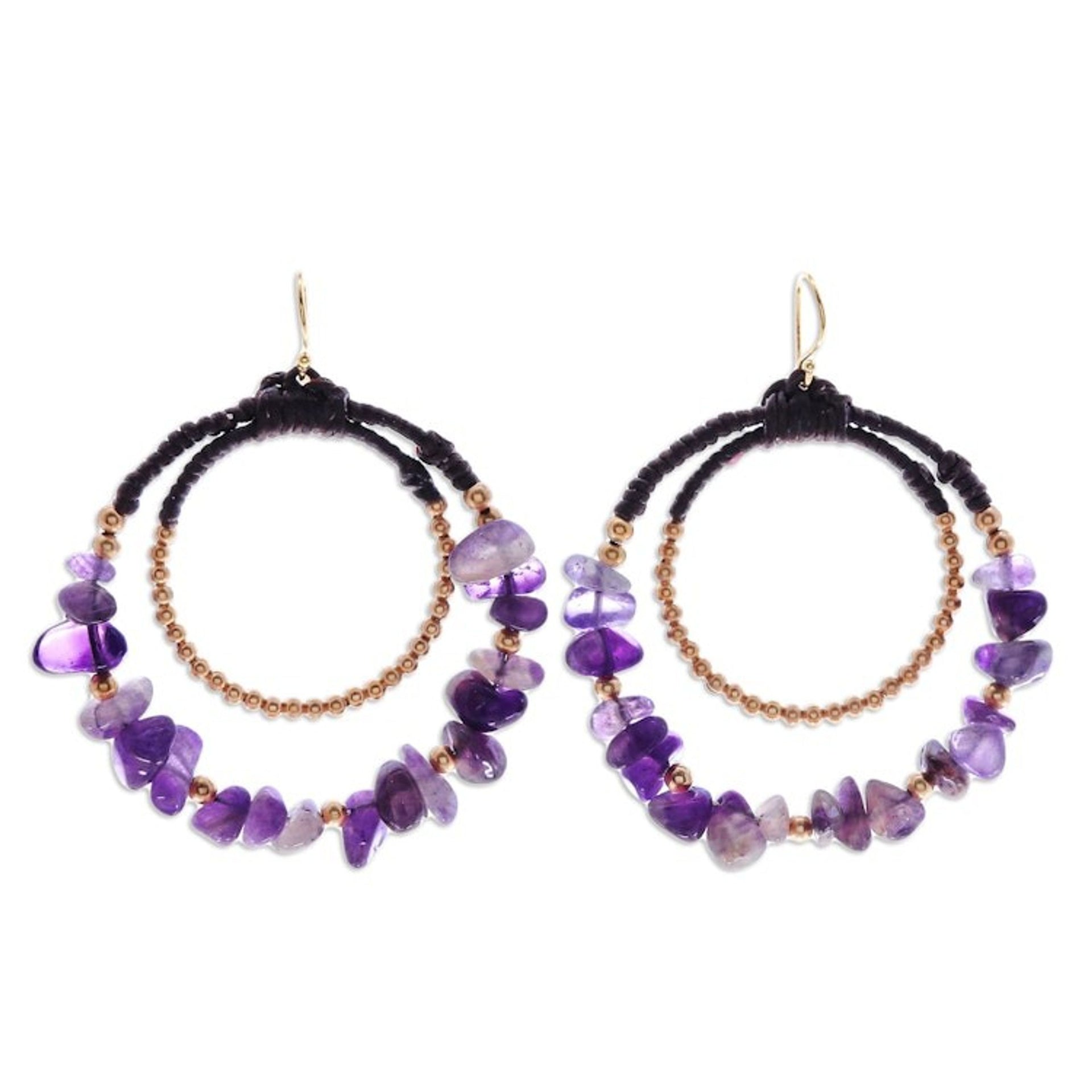 Polished Brass and Amethyst Beaded Dangle Earrings 'Wise Goddess'