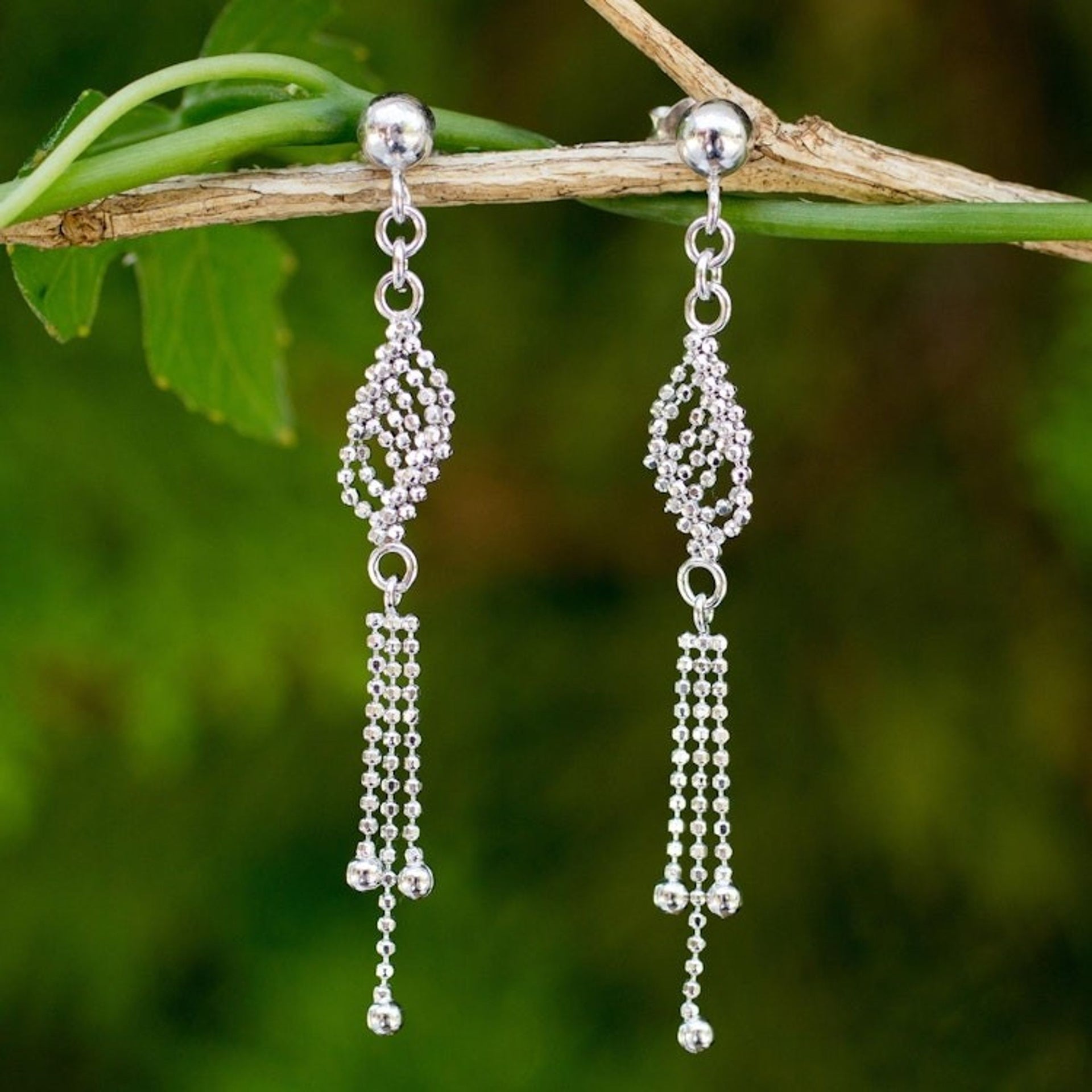 Handmade Sterling Silver Ball Chain Waterfall Earrings 'Silver Flume'