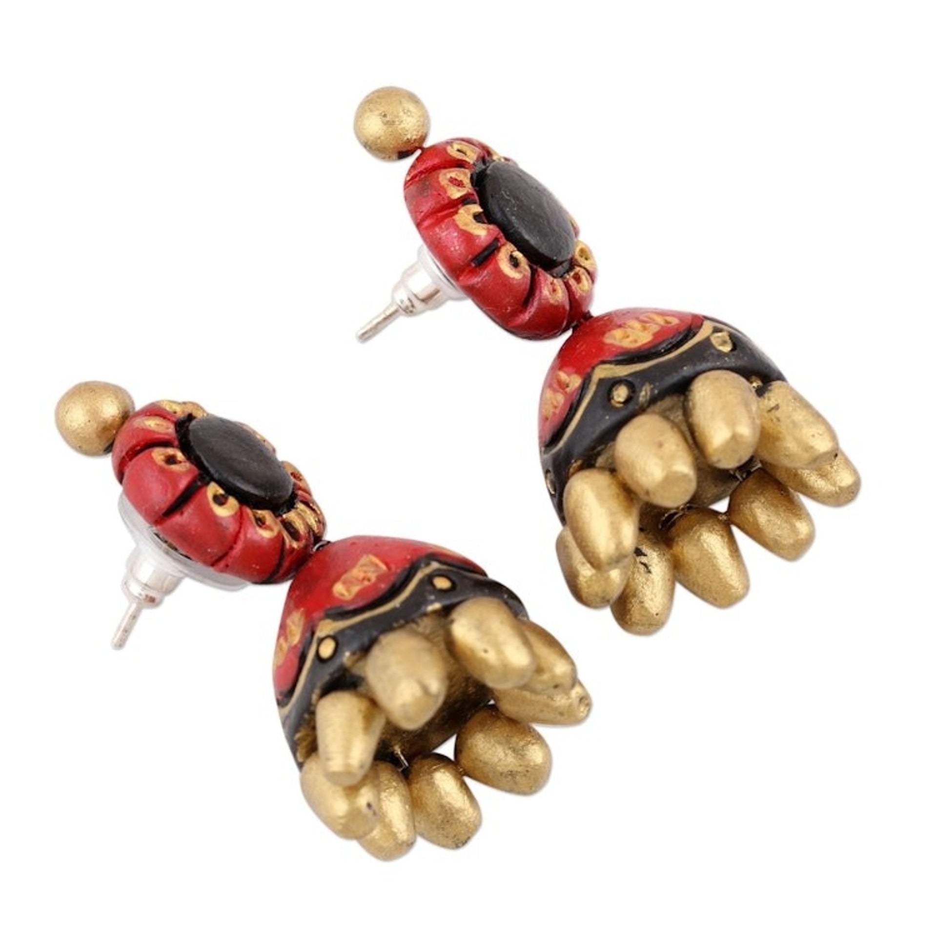 Festive Red Black and Gold Ceramic Jhumki Dangle Earrings 'Festive Jhumki'