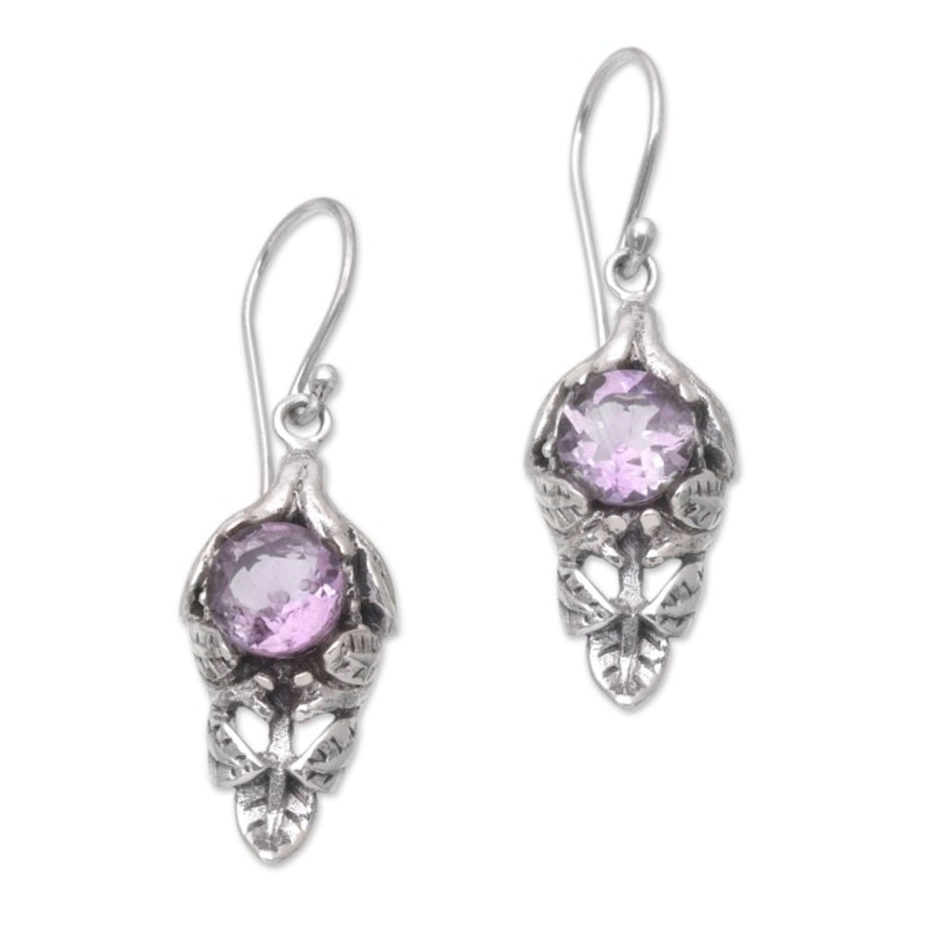 Balinese Amethyst Sterling Silver Leaf Dangle Earrings 'Romantic Bract'