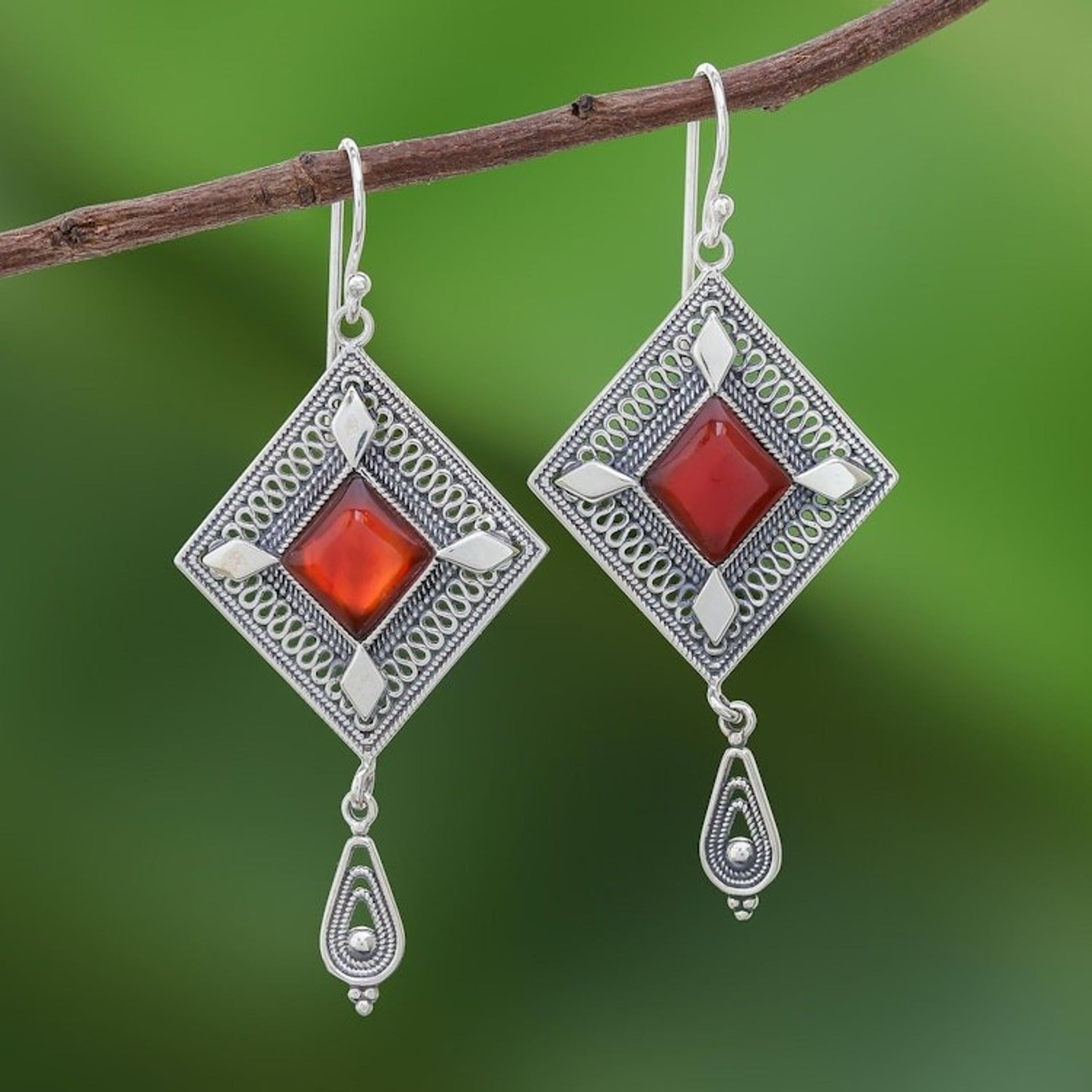 Diamond Shapes Sterling Silver and Carnelian Dangle Earrings 'Silver Diamonds'