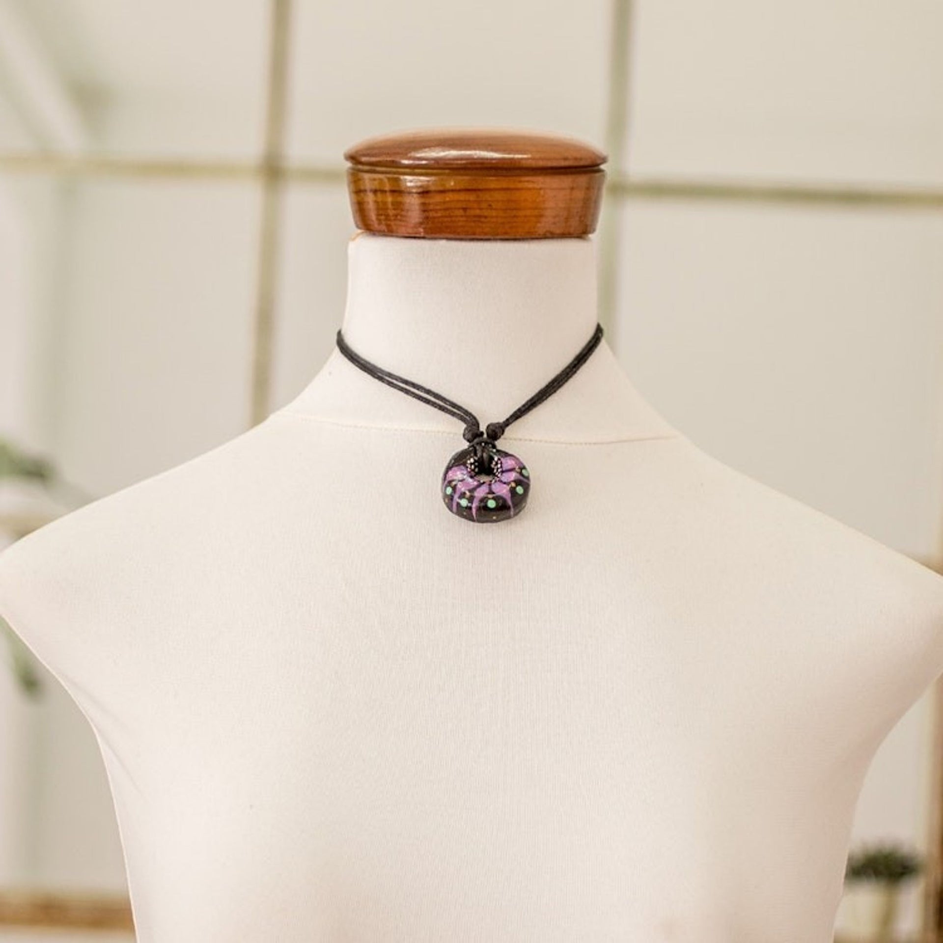 Floral Adjustable Painted Ceramic Pendant Necklace in Purple 'Night's Purple Grace'