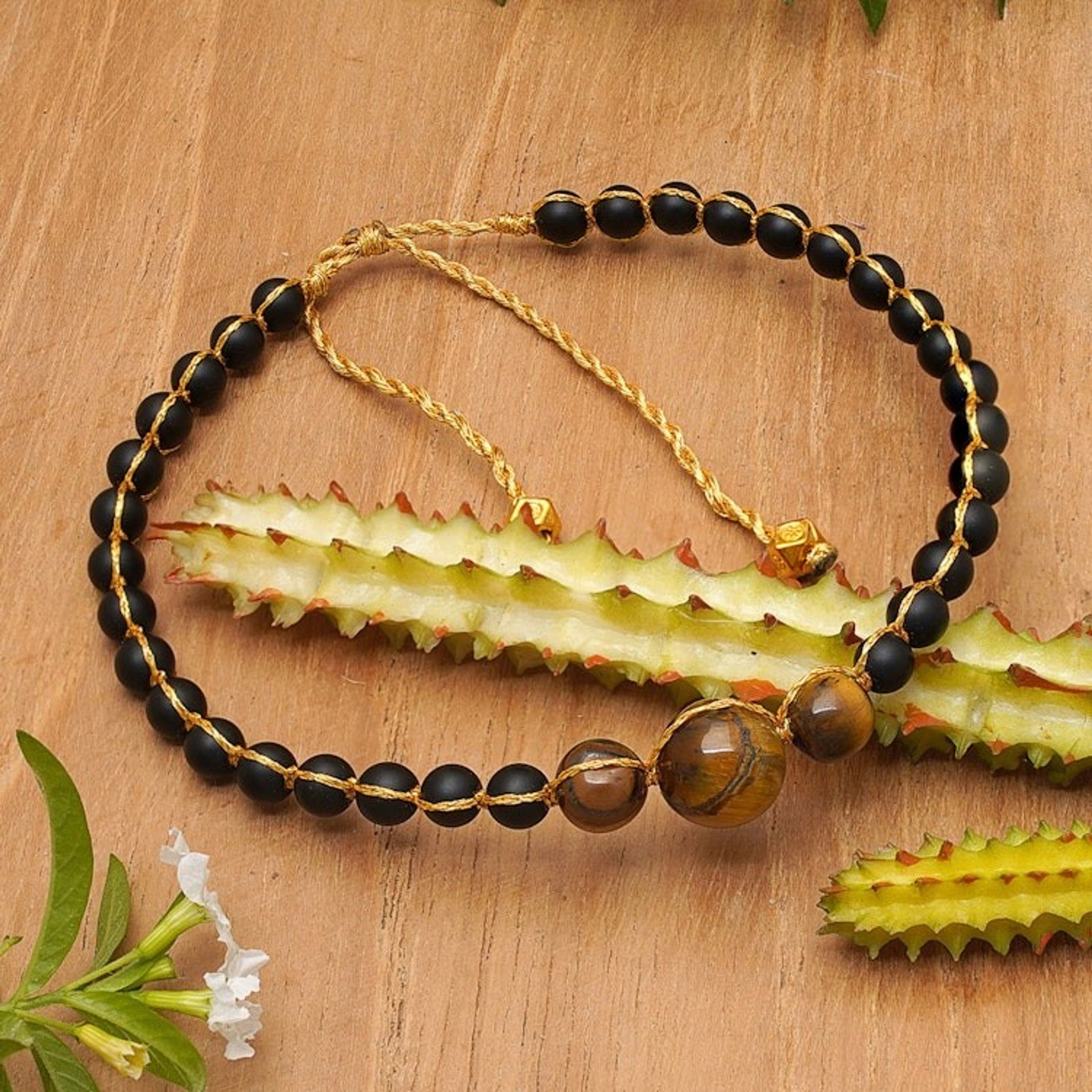 Gold-Accented Onyx and Tiger's Eye Beaded Bracelet from Bali 'Chakra of Earth'