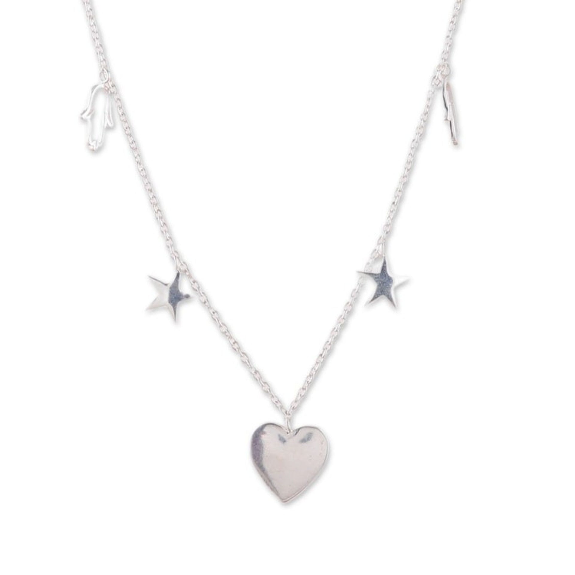 Heart, Star and Hamsa-Themed Sterling Silver Charm Necklace 'Magic Desires'