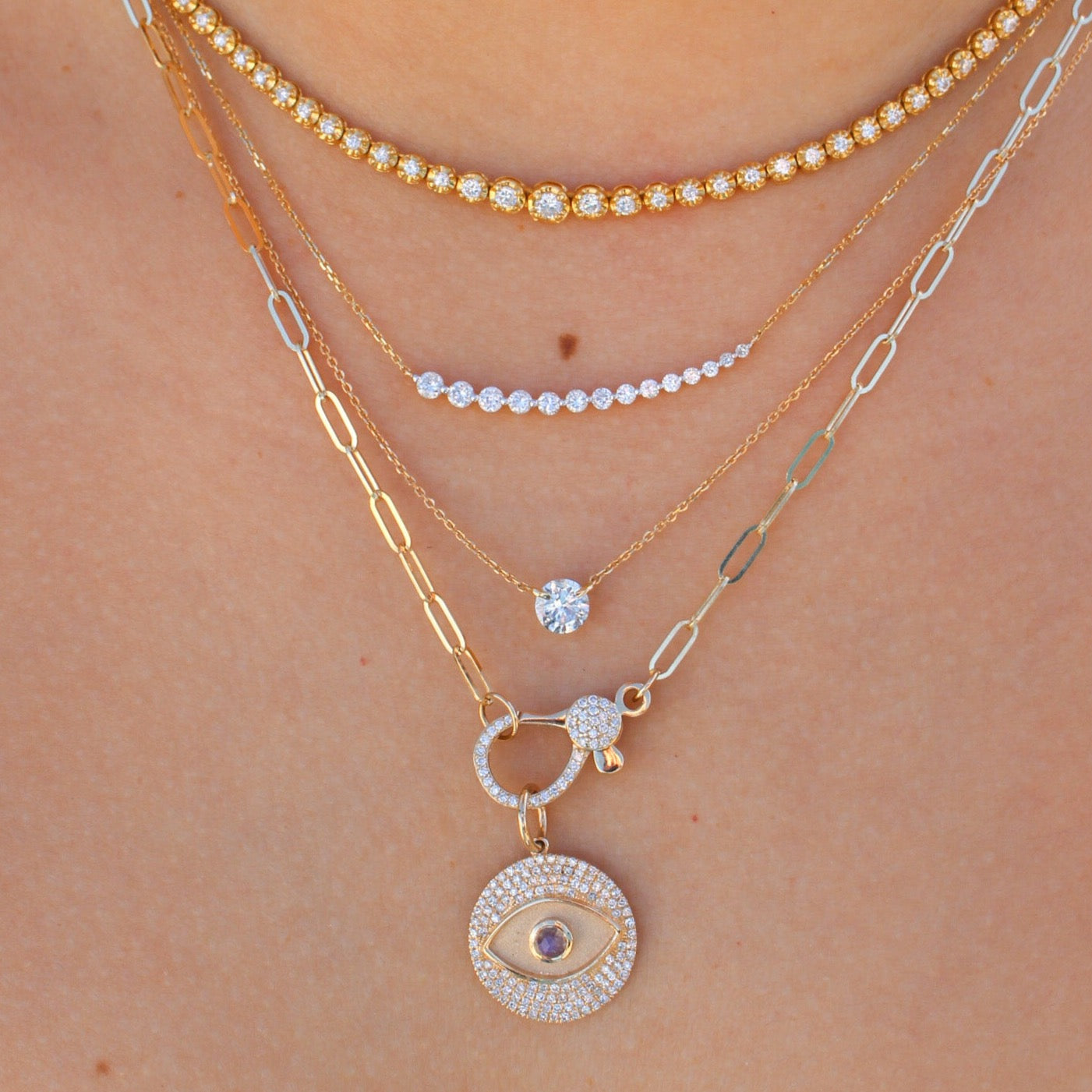 Gold Graduated Diamond Curved Bar Necklace