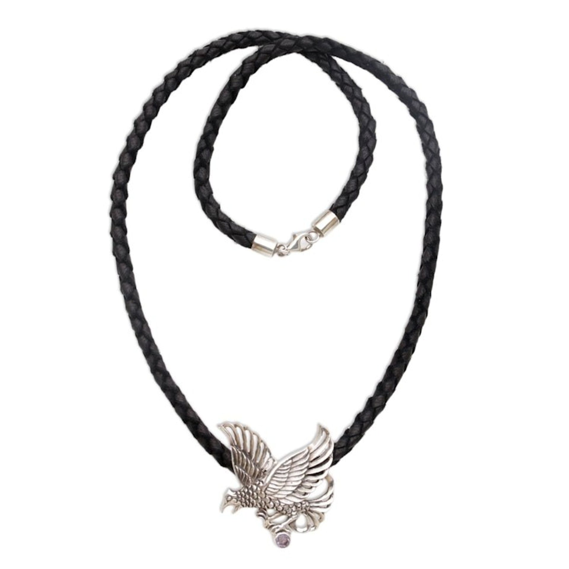 Men's Sterling Silver and Leather Pendant Necklace 'Silver Hawk'