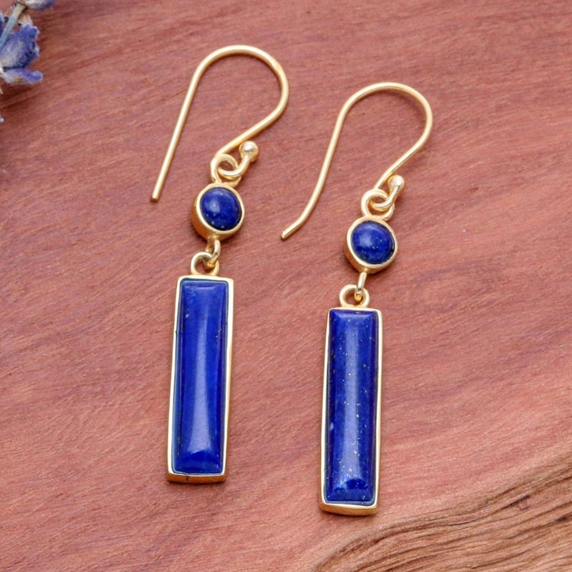 Modern 18k Gold-Plated Lapis Lazuli Bar Dangle Earrings 'Vivid Magic'