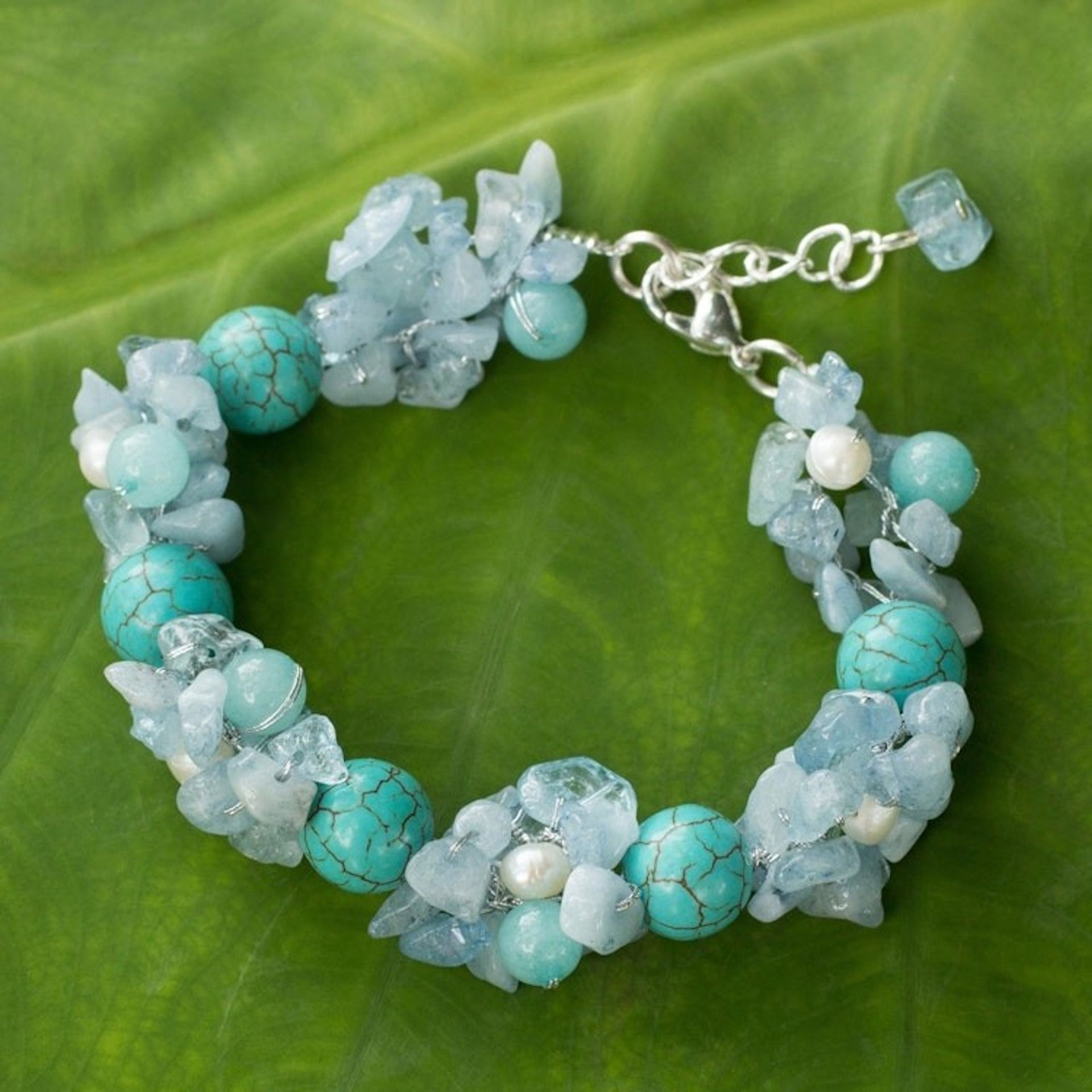 Handmade Pearl Aquamarine Blue Calcite Bracelet Thailand 'Cool Beauty'