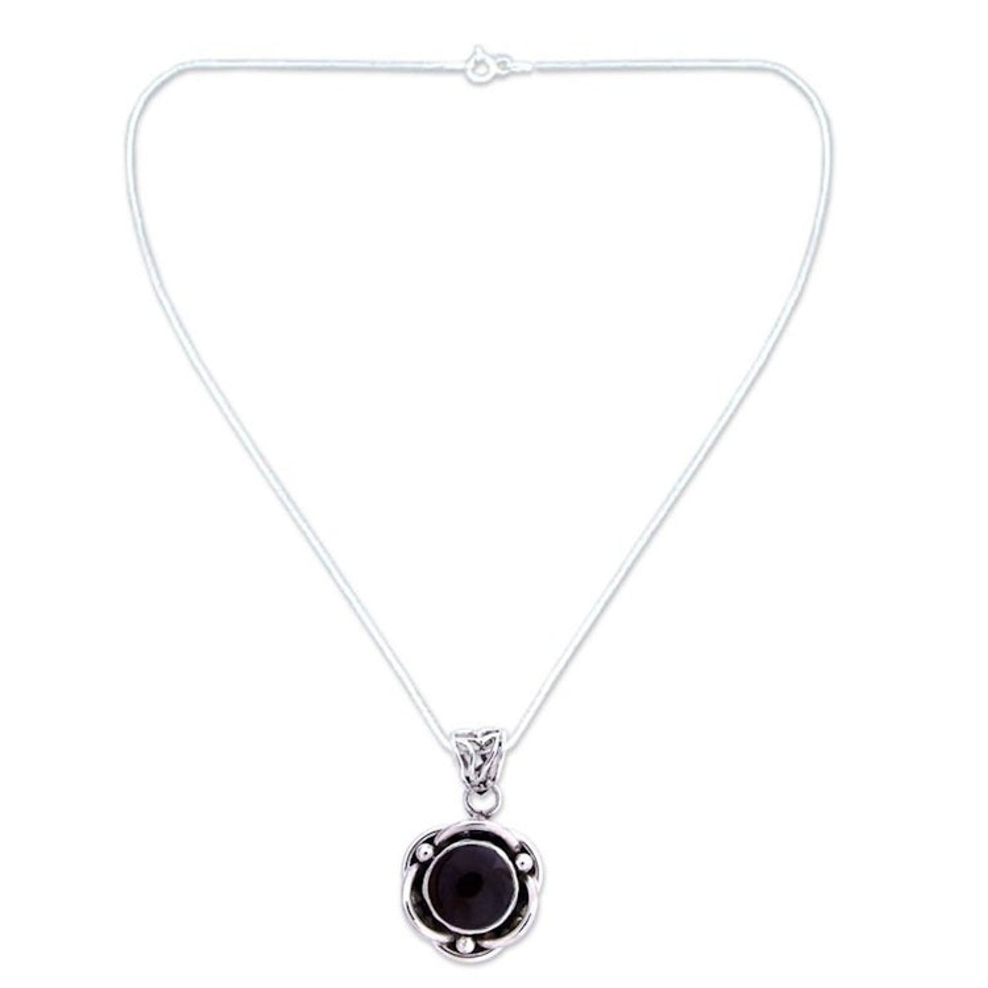Onyx Pendant in Sterling Silver Necklace Flower Jewelry 'Black Rose'