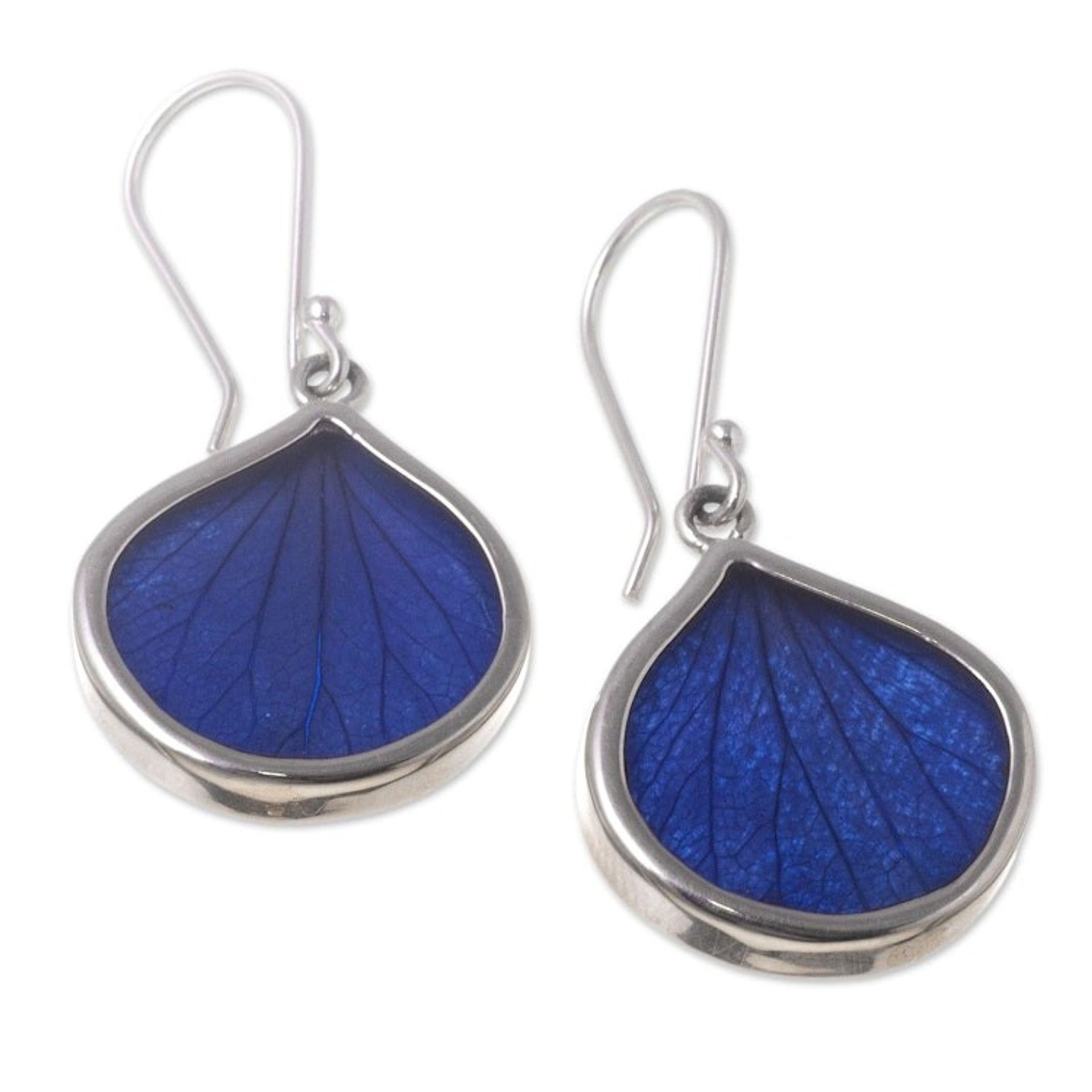 Andean Handmade Sterling Silver Blue Leaf Earrings 'Blue Leaf Drops'