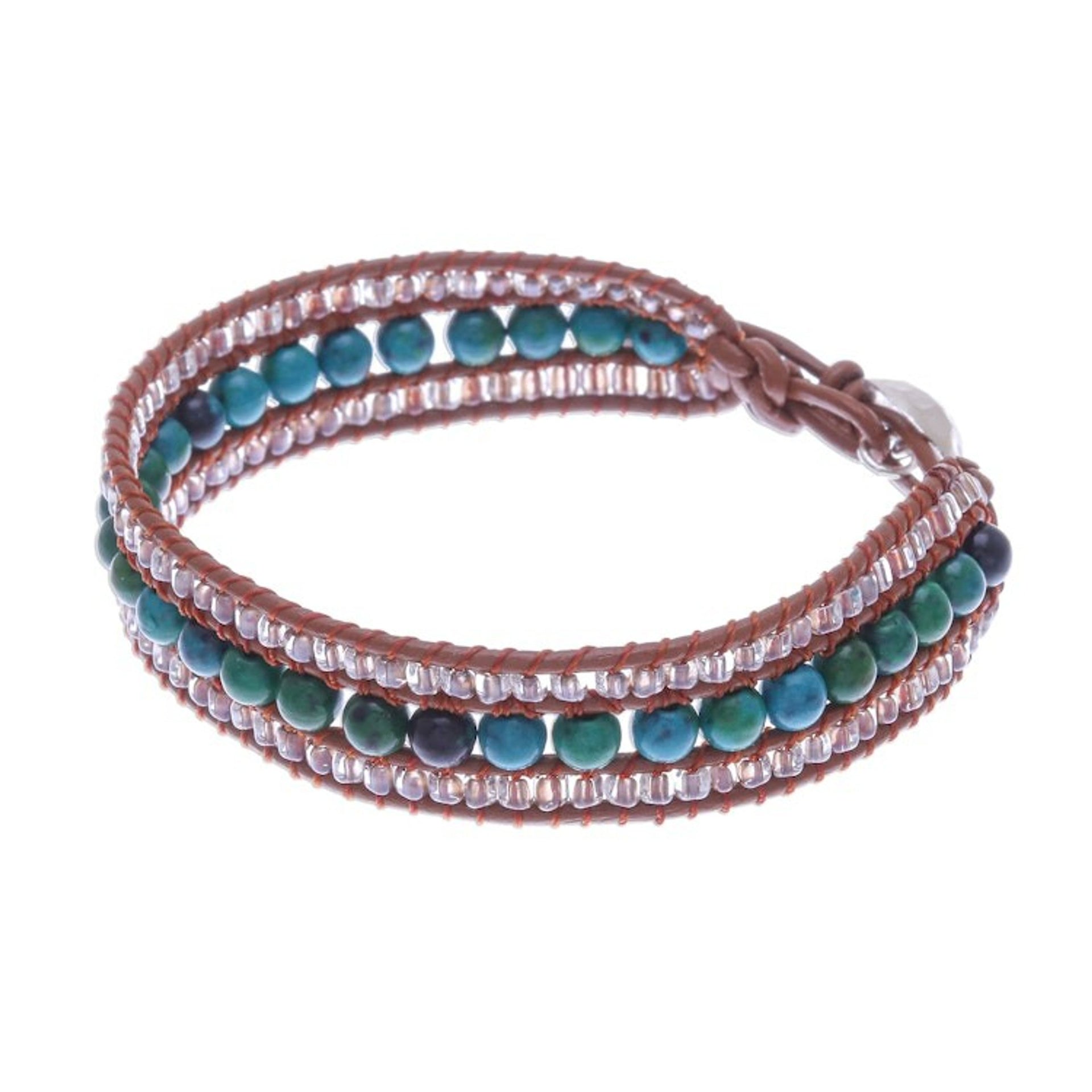 Leather Bracelet with Serpentine and Glass Beads 'Sidetracked'