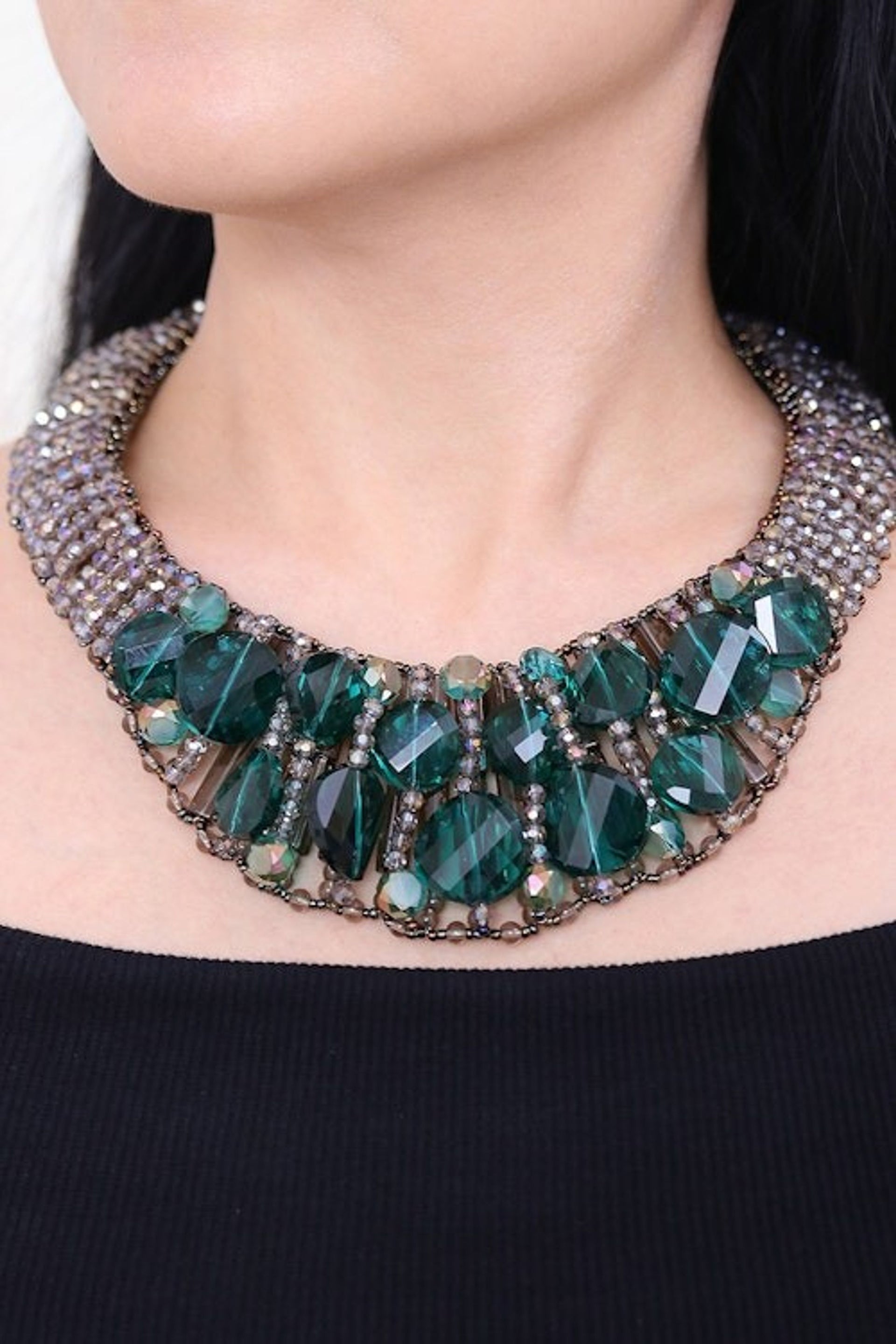 Steel and Glass Beaded Choker Necklace in Turquoise Hues 'Bewitched Night'