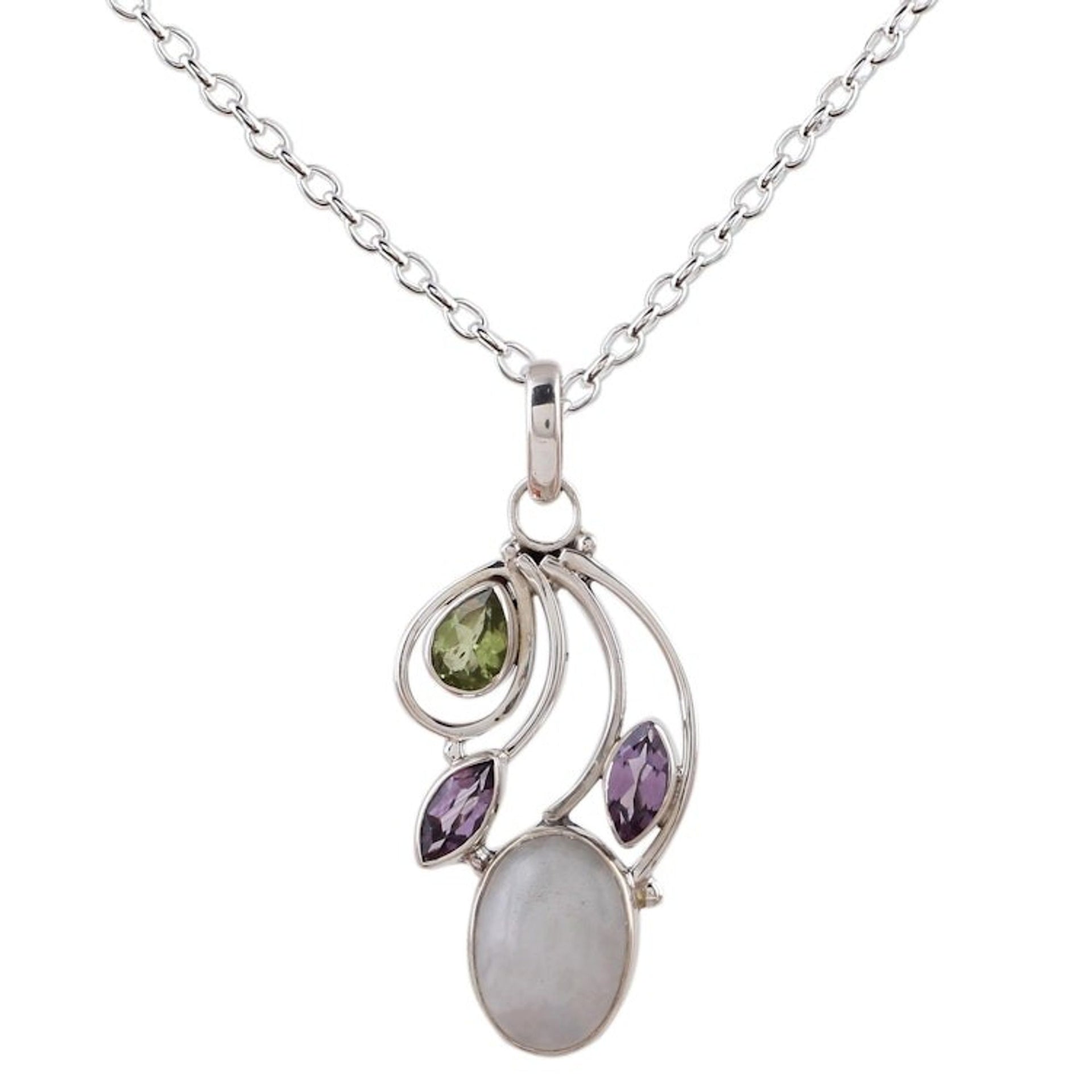 Multi-Gem Peridot Amethyst and Rainbow Moonstone Necklace 'Majestic Harmony'