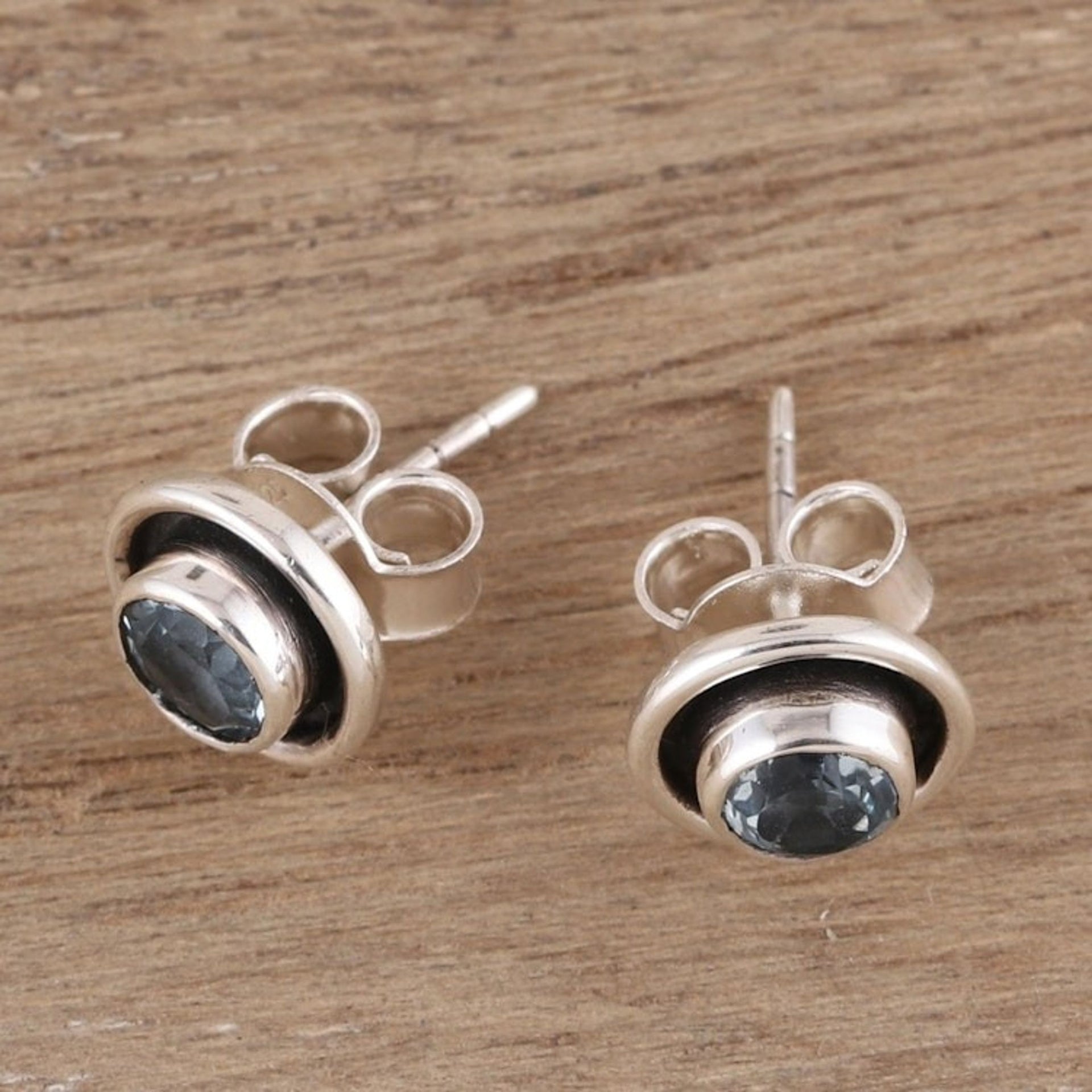 Circular Blue Topaz Stud Earrings from India 'Graceful Frames'