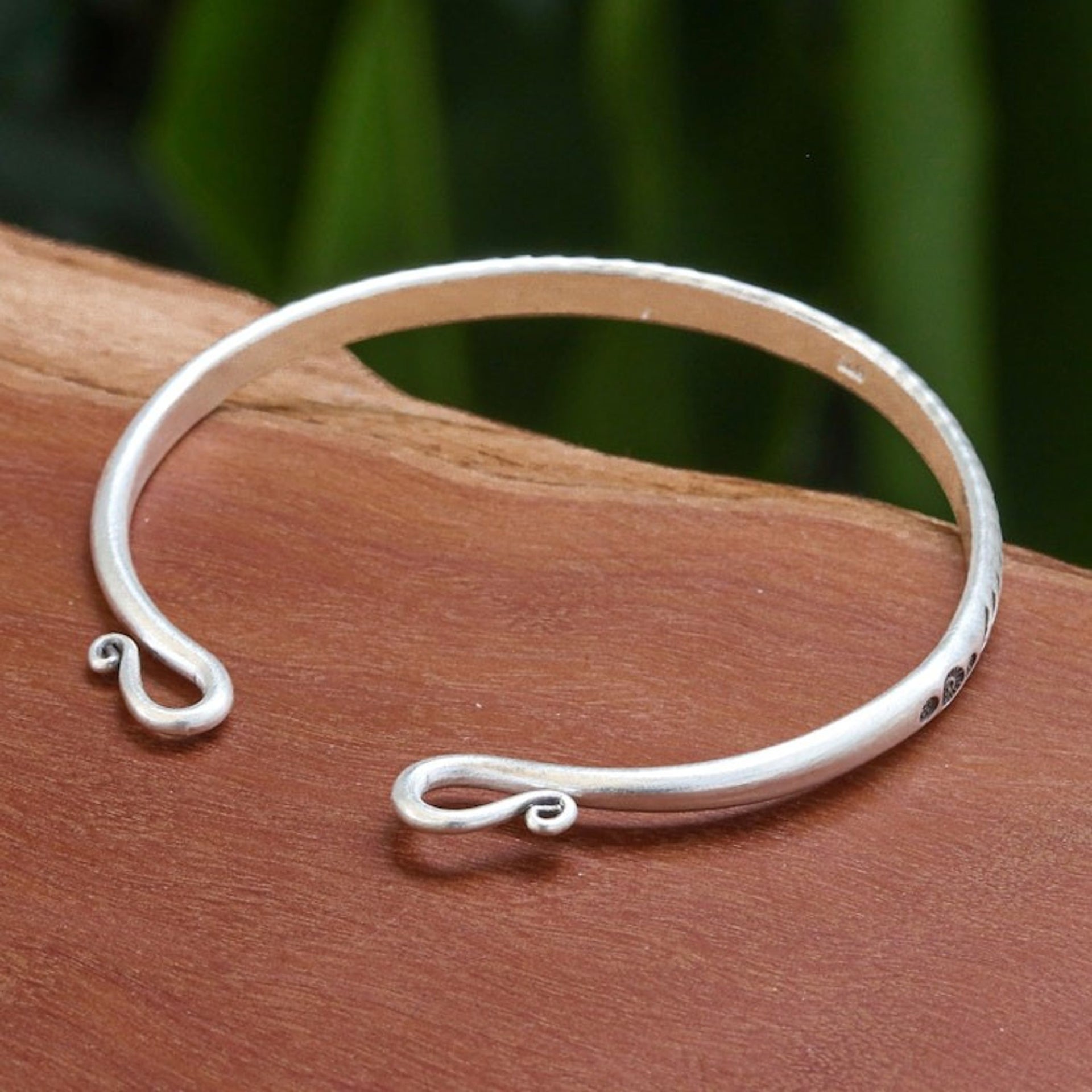 Polished Sterling Silver Cuff Bracelet with Hill Tribe Motif 'Sophisticated Serenity'