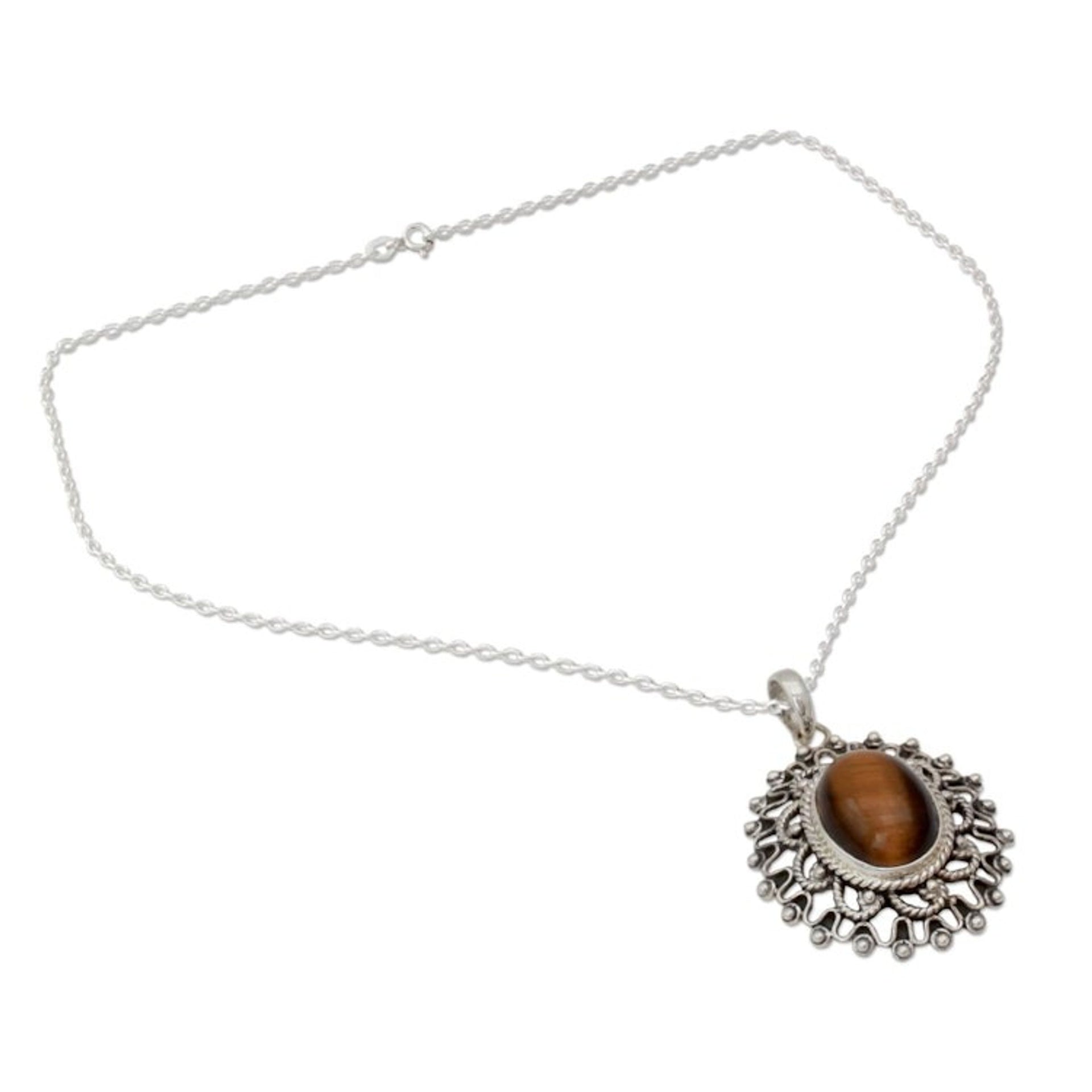 Hand Crafted Sterling Silver and Tigers Eye Pendant Necklace 'Tawny Sun'