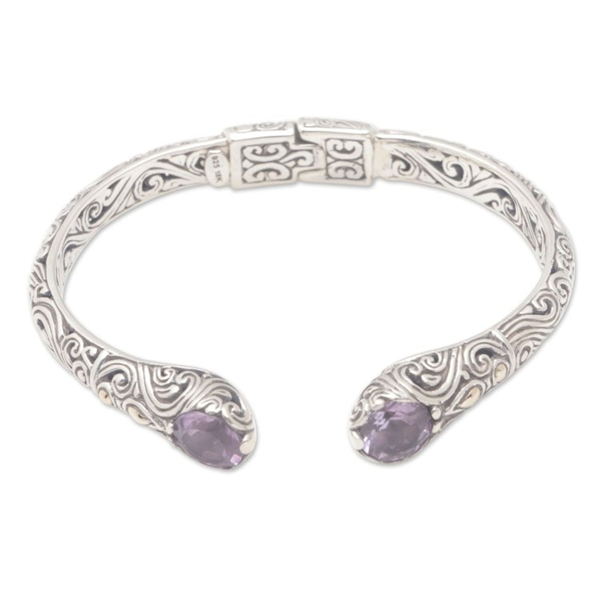 18k Gold-Accented Cuff Bracelet with Faceted Amethyst Gems 'Purple Bali Paths'