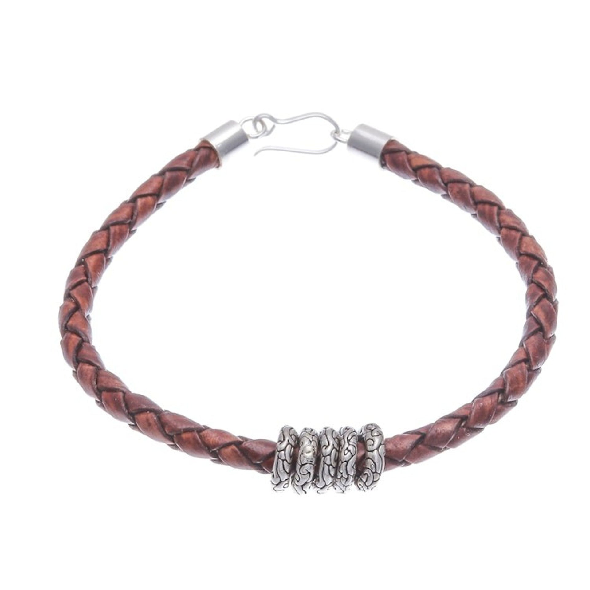 Brown Leather Braided Bracelet with Sterling Silver Pendants 'Ties of the Earth'
