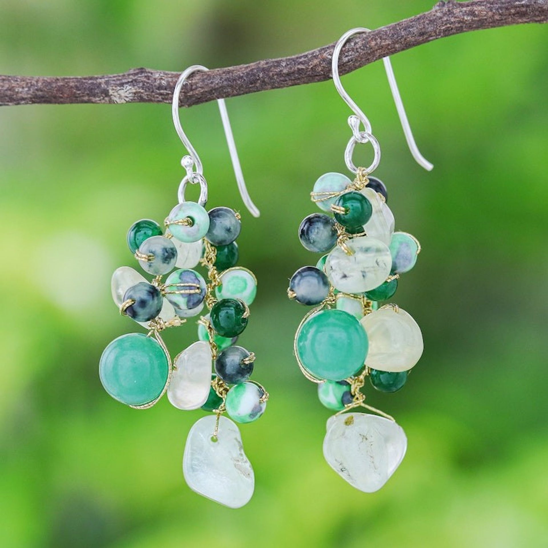 Hand Crafted Prehnite and Quartz Dangle Earrings 'Green Countryside'