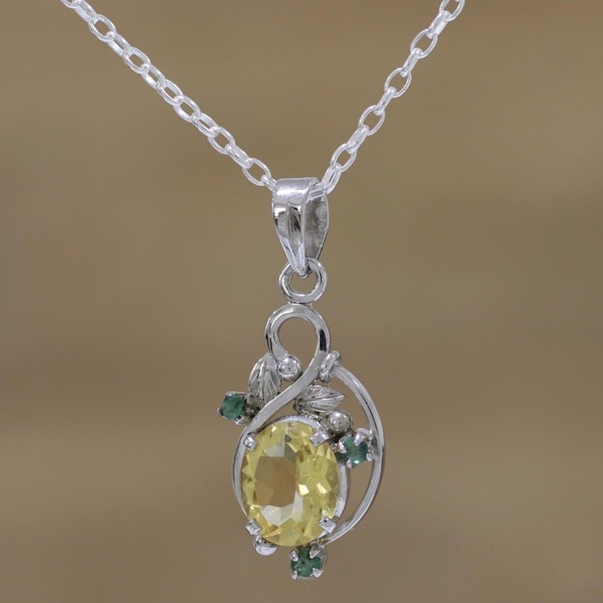 Rhodium Plated Citrine and Emerald Leaf Necklace from India 'Sunshine Bloom'