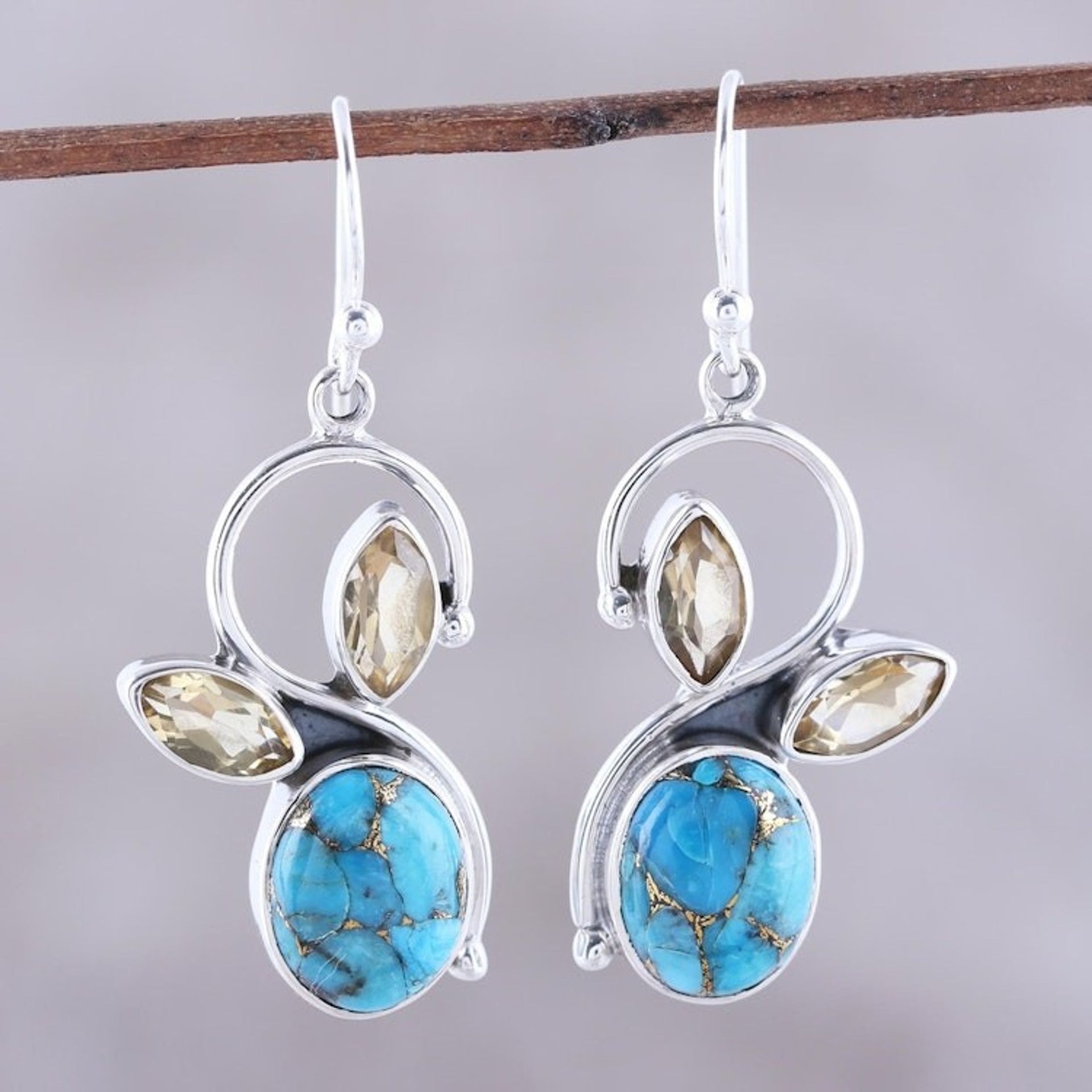 Citrine and Composite Turquoise Dangle Earrings from India 'Dazzling Sparkle'