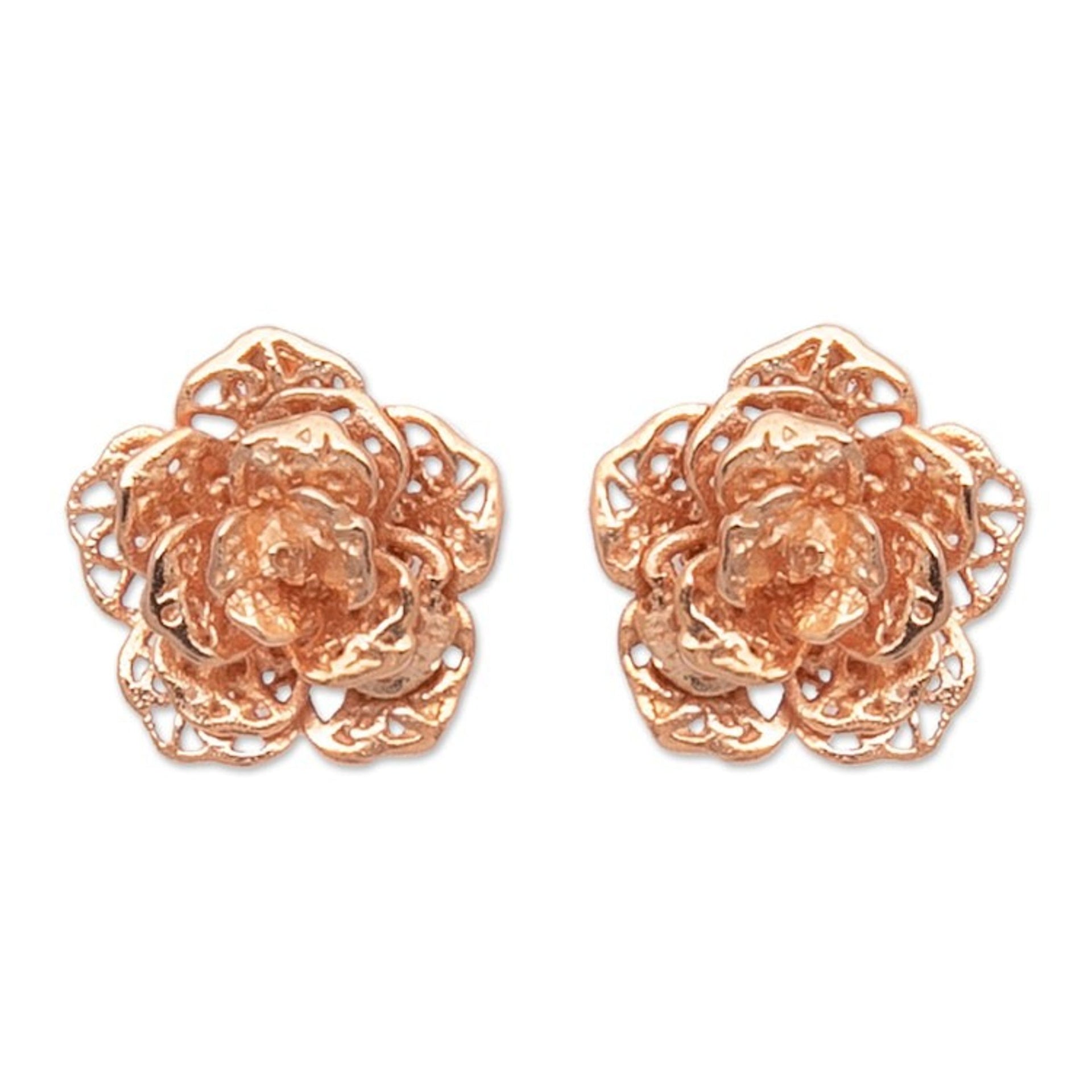 Polished Floral 18k Rose Gold-Plated Button Earrings 'Primaveral Rose'